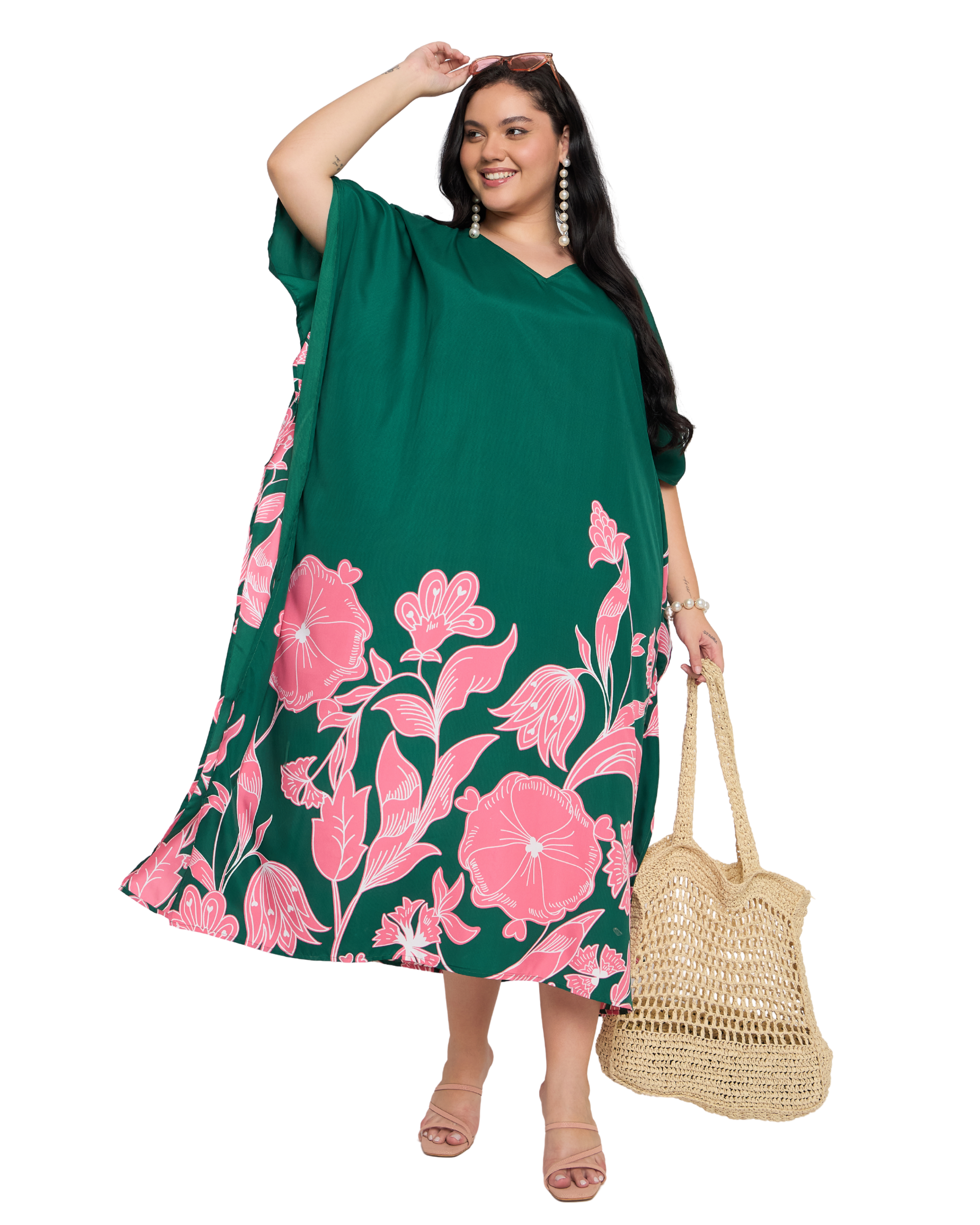 Deep Green Floral Polyester Women Plus Size Beach Caftan