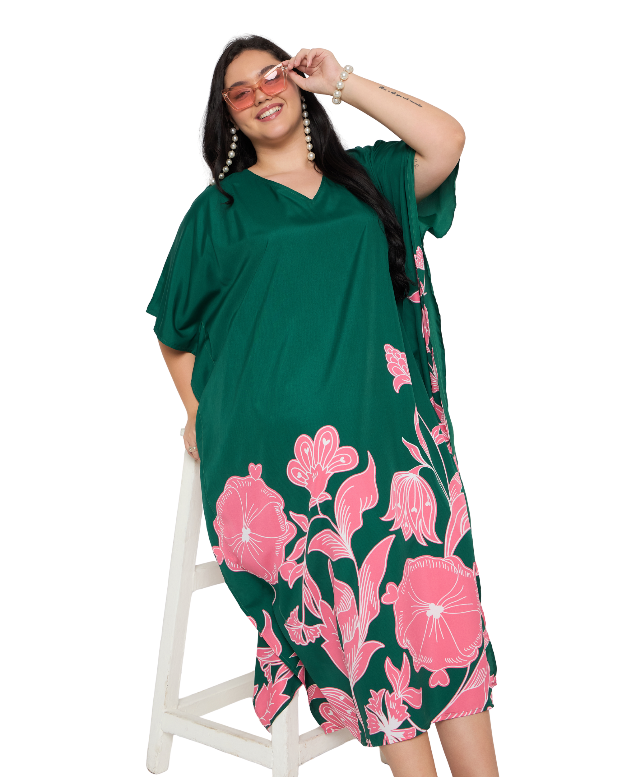 Deep Green Floral Polyester Women Plus Size Beach Caftan