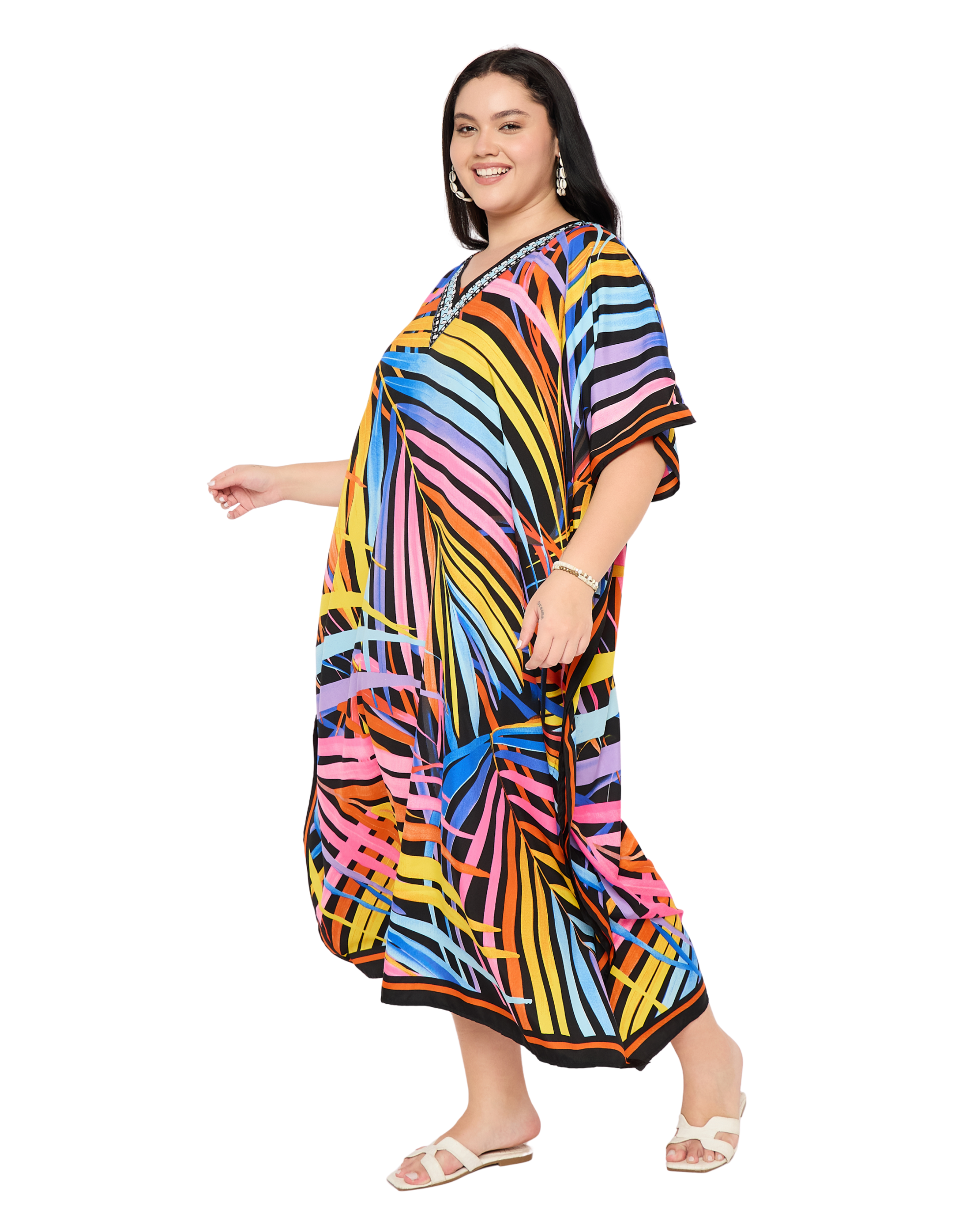 Multicolor Leaf Polyester Plus Size Kaftan Dress for Women