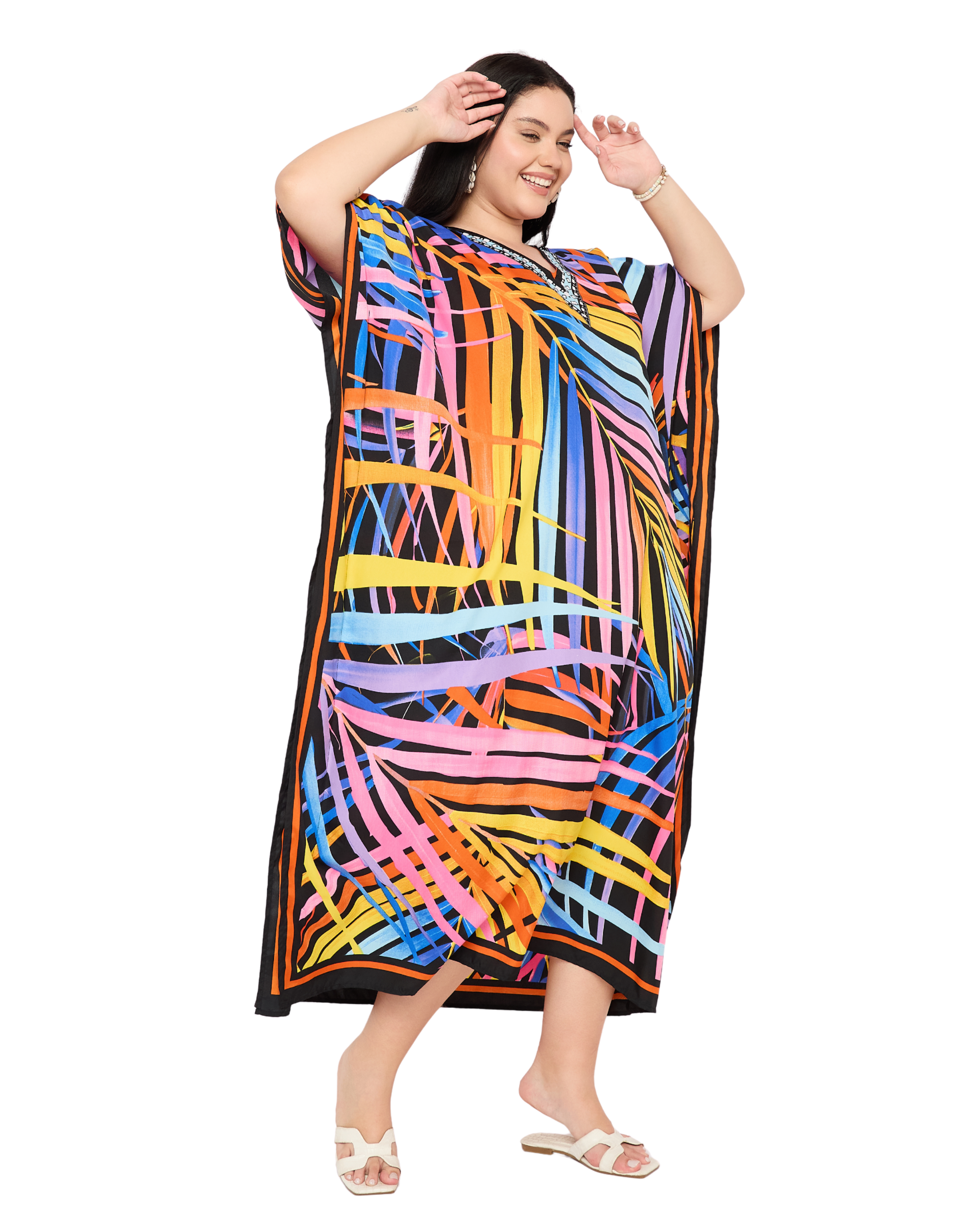 Multicolor Leaf Polyester Plus Size Kaftan Dress for Women