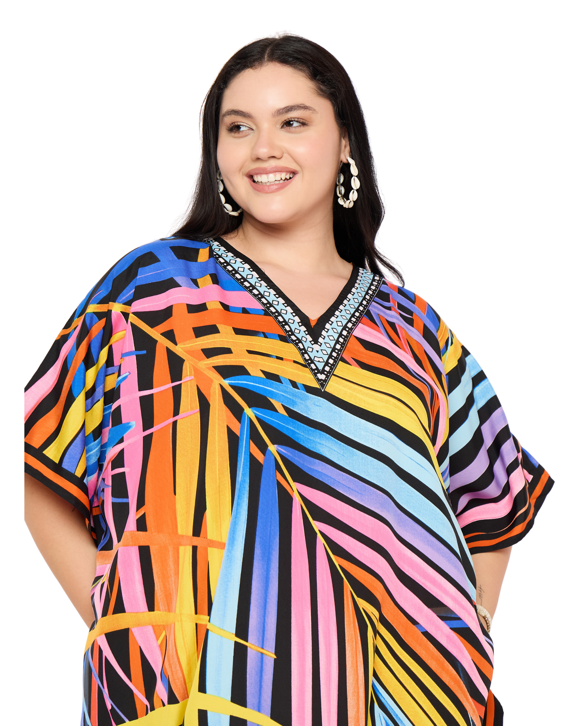 Multicolor Leaf Polyester Plus Size Kaftan Dress for Women