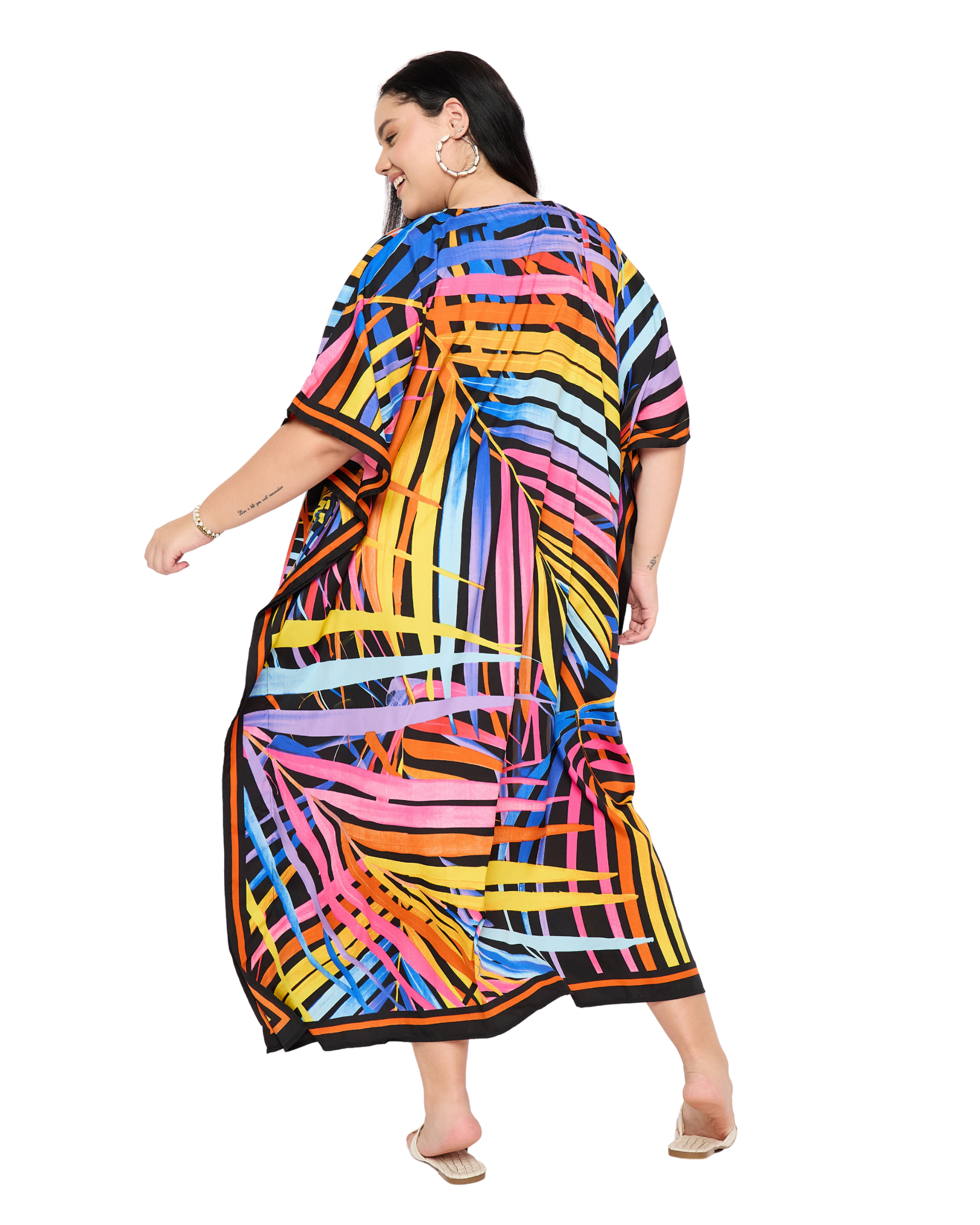 Multicolor Leaf Polyester Plus Size Kaftan Dress for Women