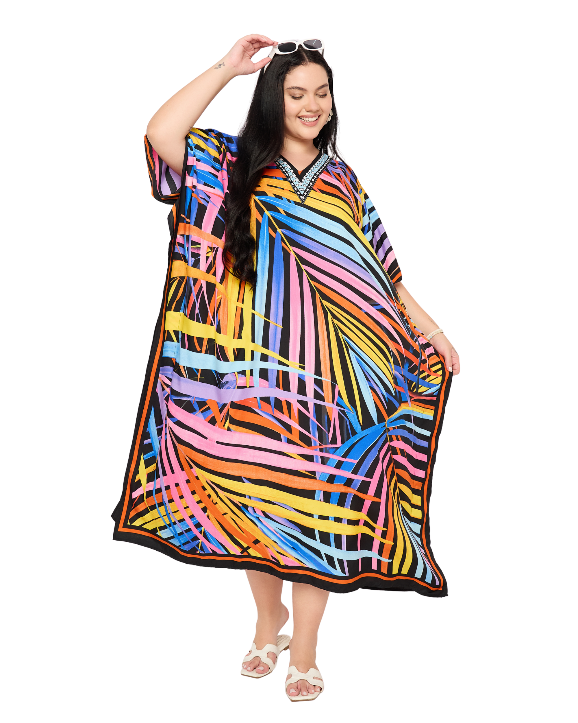 Multicolor Leaf Polyester Plus Size Kaftan Dress for Women