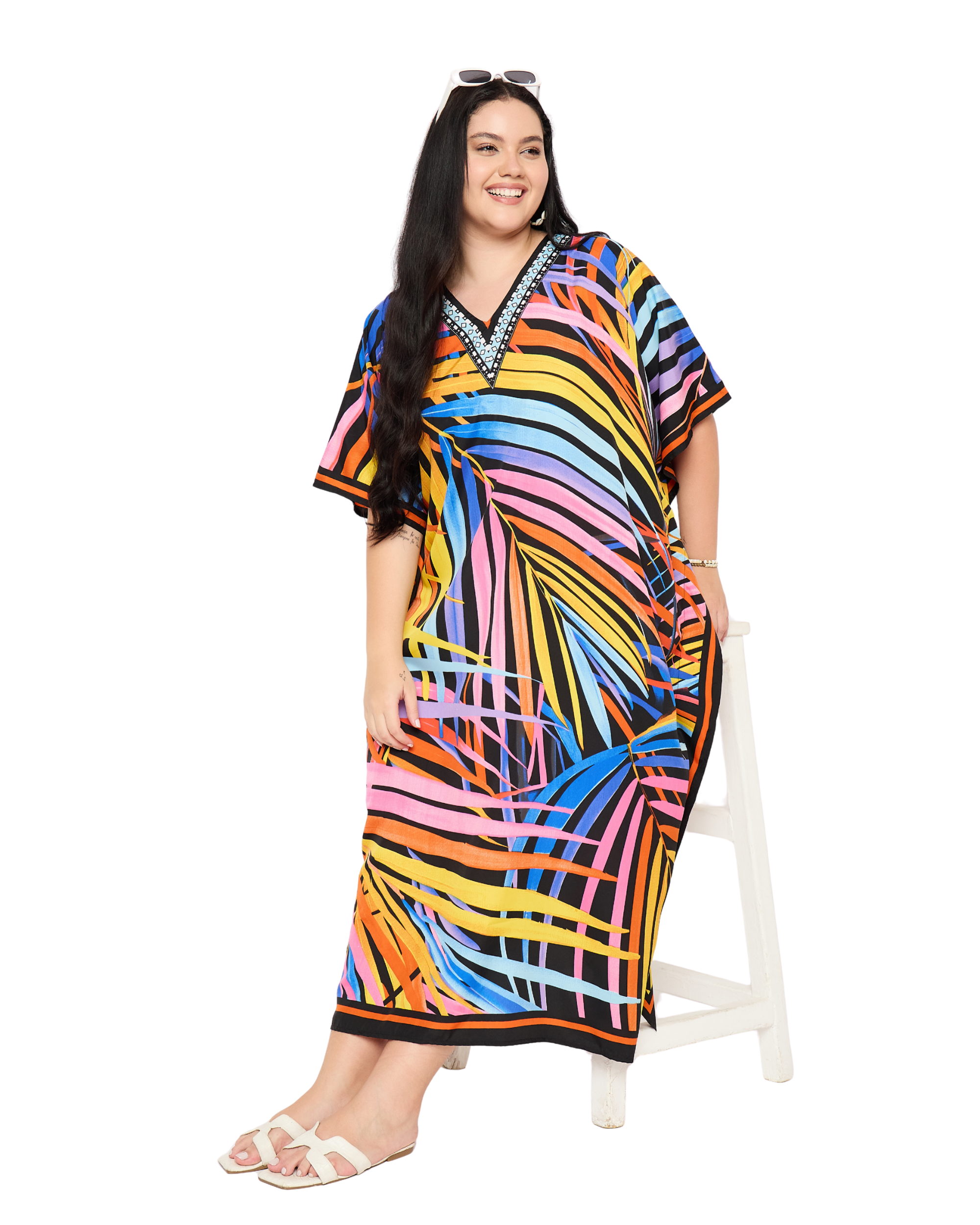 Multicolor Leaf Polyester Plus Size Kaftan Dress for Women