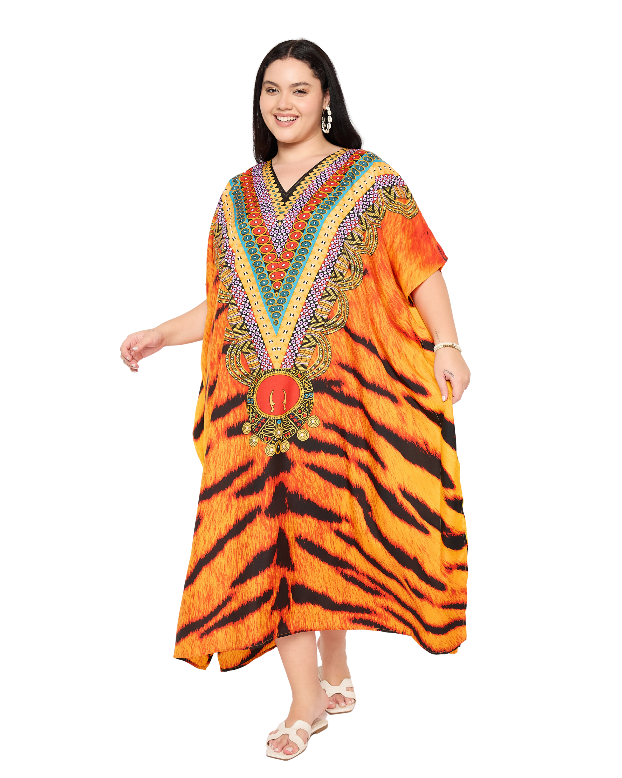 Animal Orange Polyester Women Plus Size Kaftan Dress