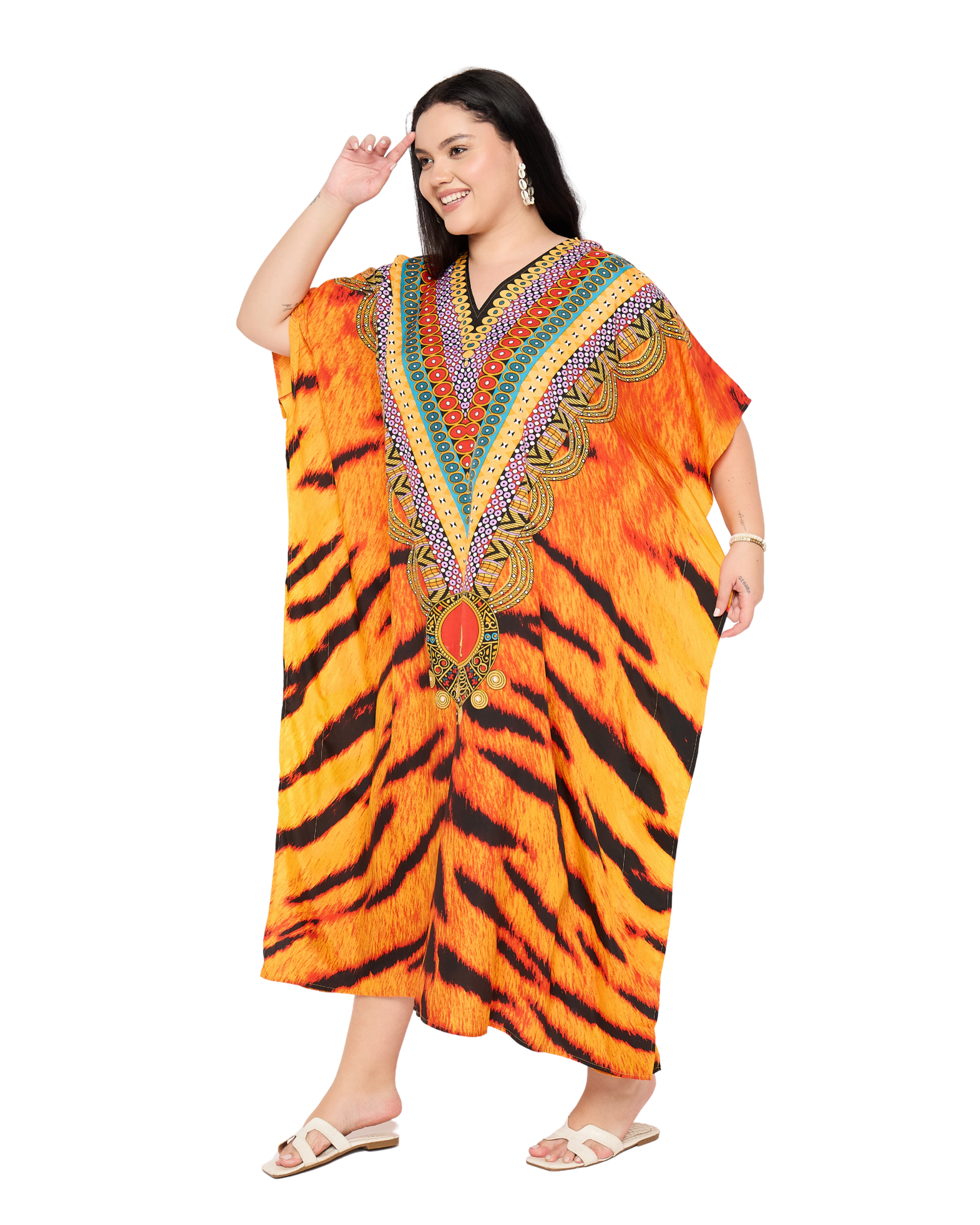 Animal Orange Polyester Women Plus Size Kaftan Dress