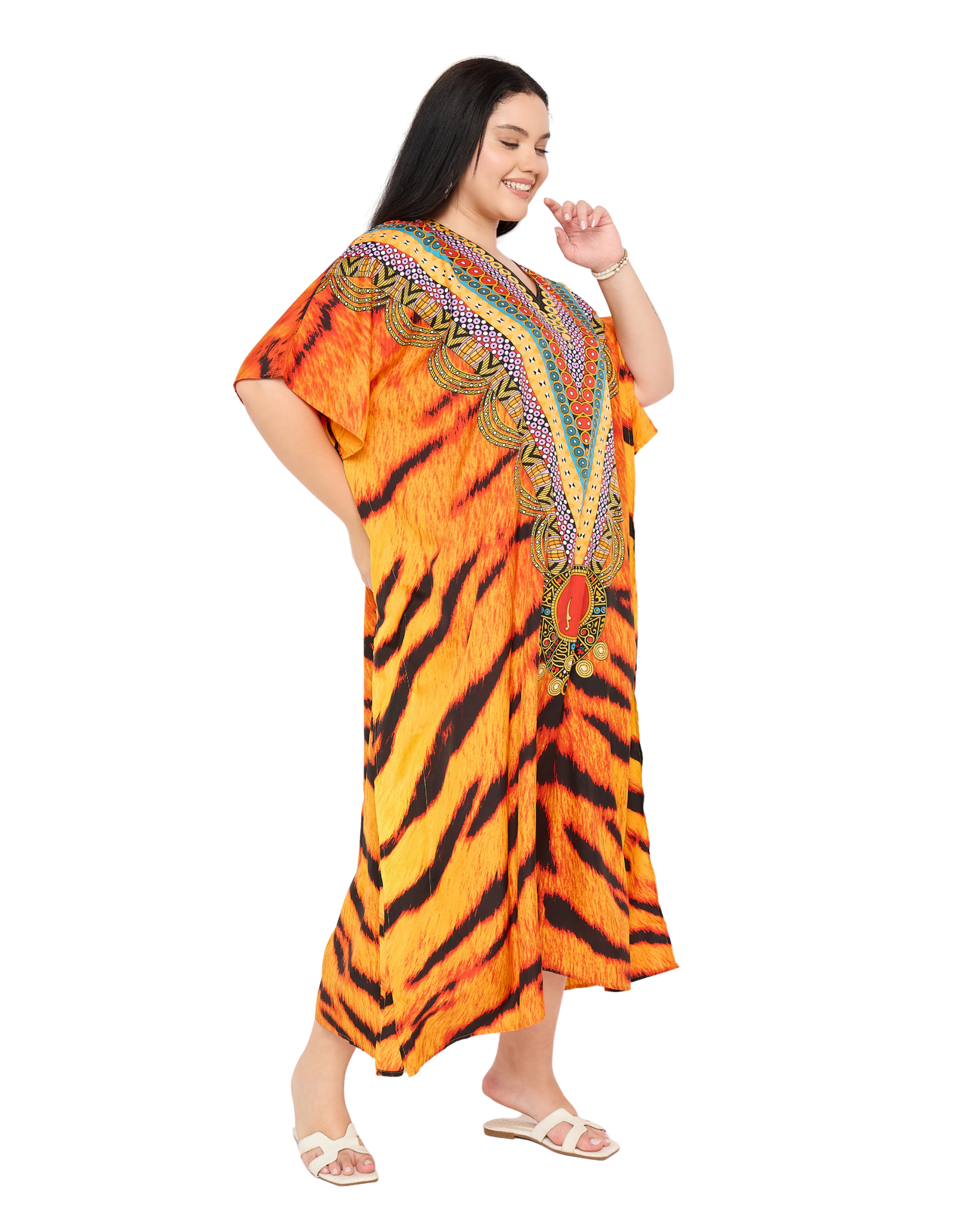 Animal Orange Polyester Women Plus Size Kaftan Dress