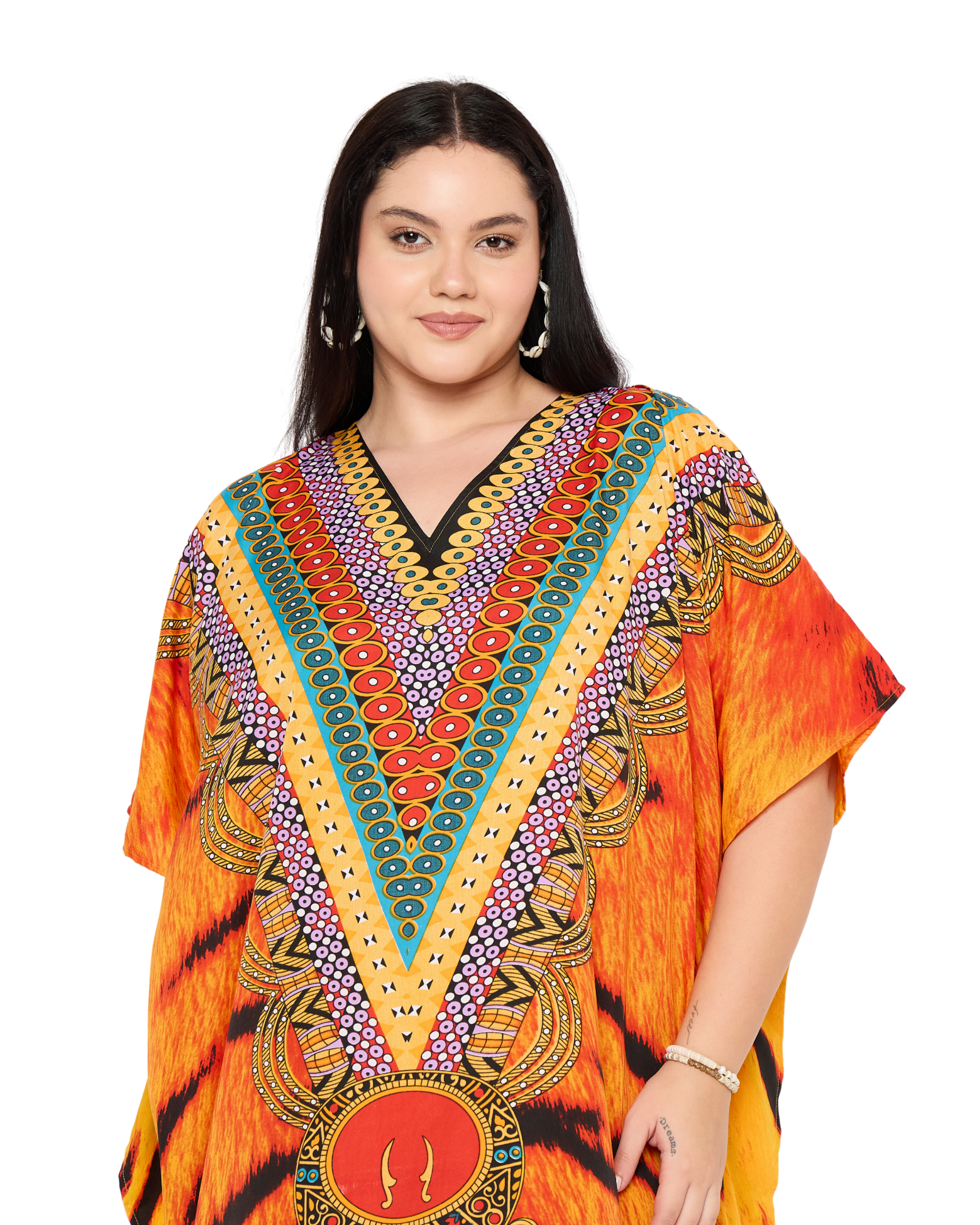 Animal Orange Polyester Women Plus Size Kaftan Dress