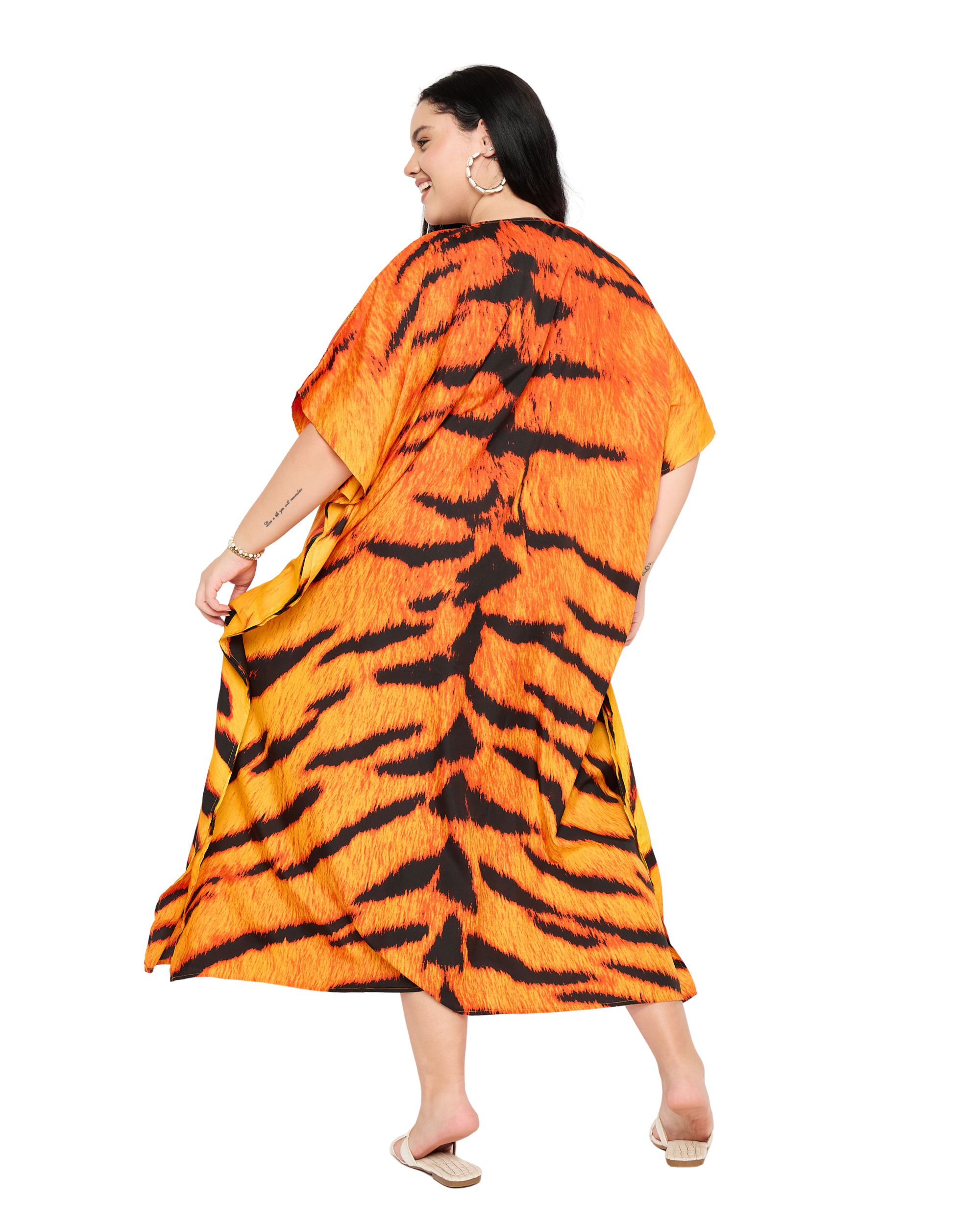 Animal Orange Polyester Women Plus Size Kaftan Dress
