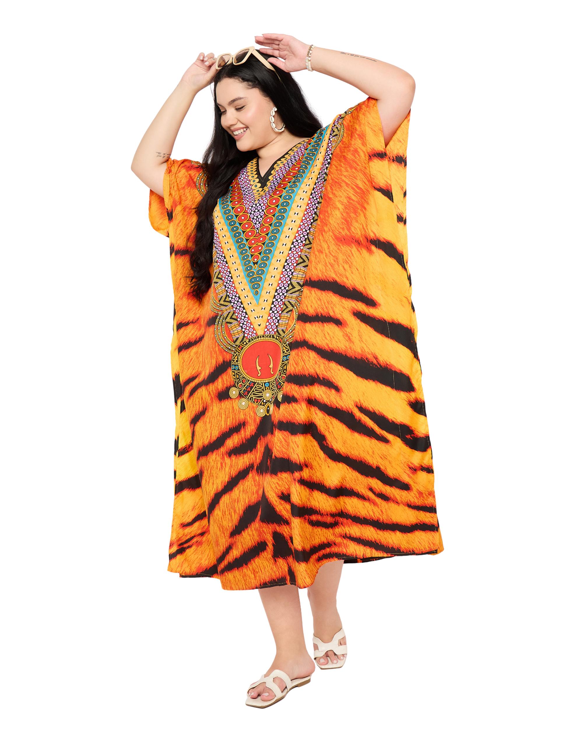 Animal Orange Polyester Women Plus Size Kaftan Dress