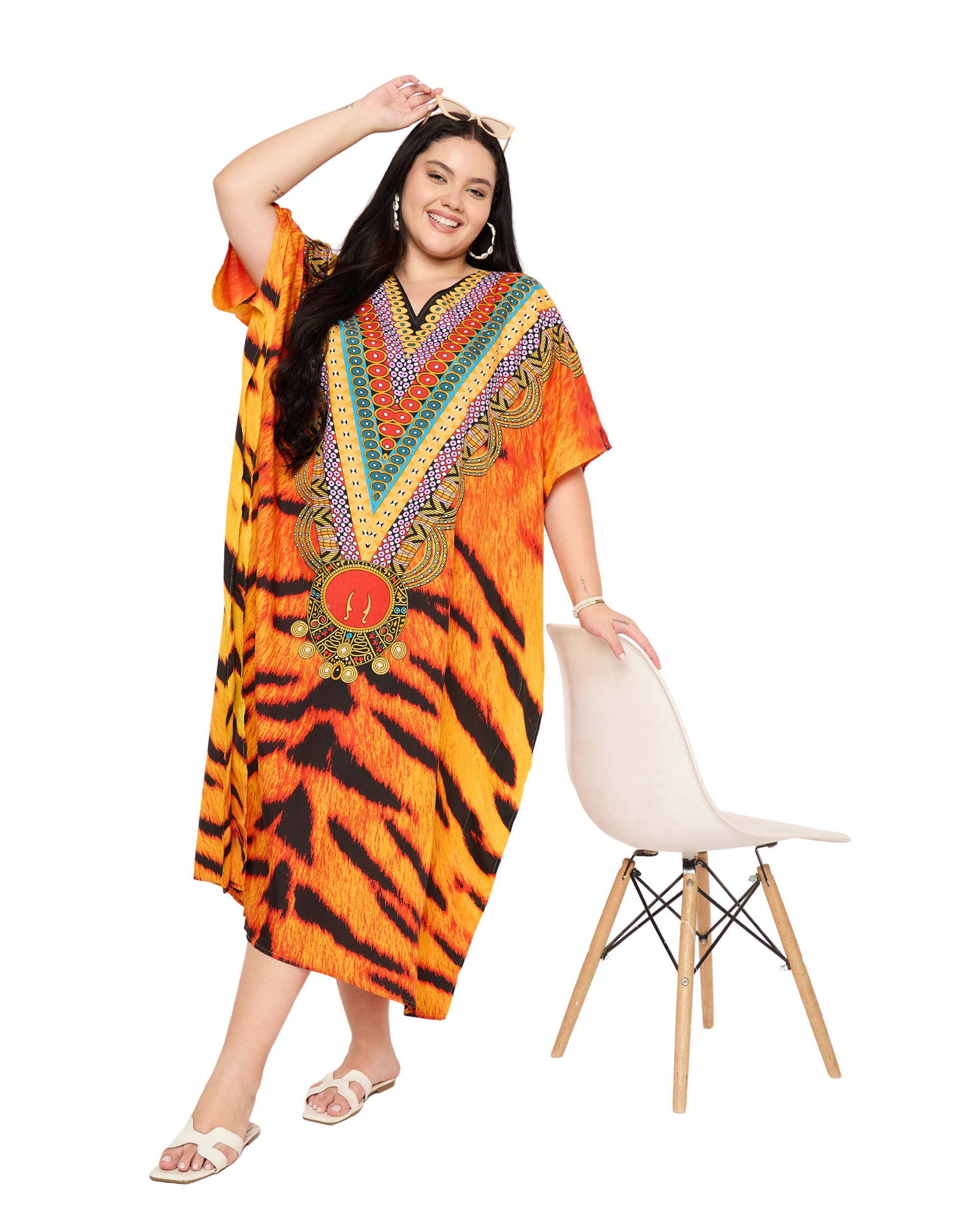 Animal Orange Polyester Women Plus Size Kaftan Dress