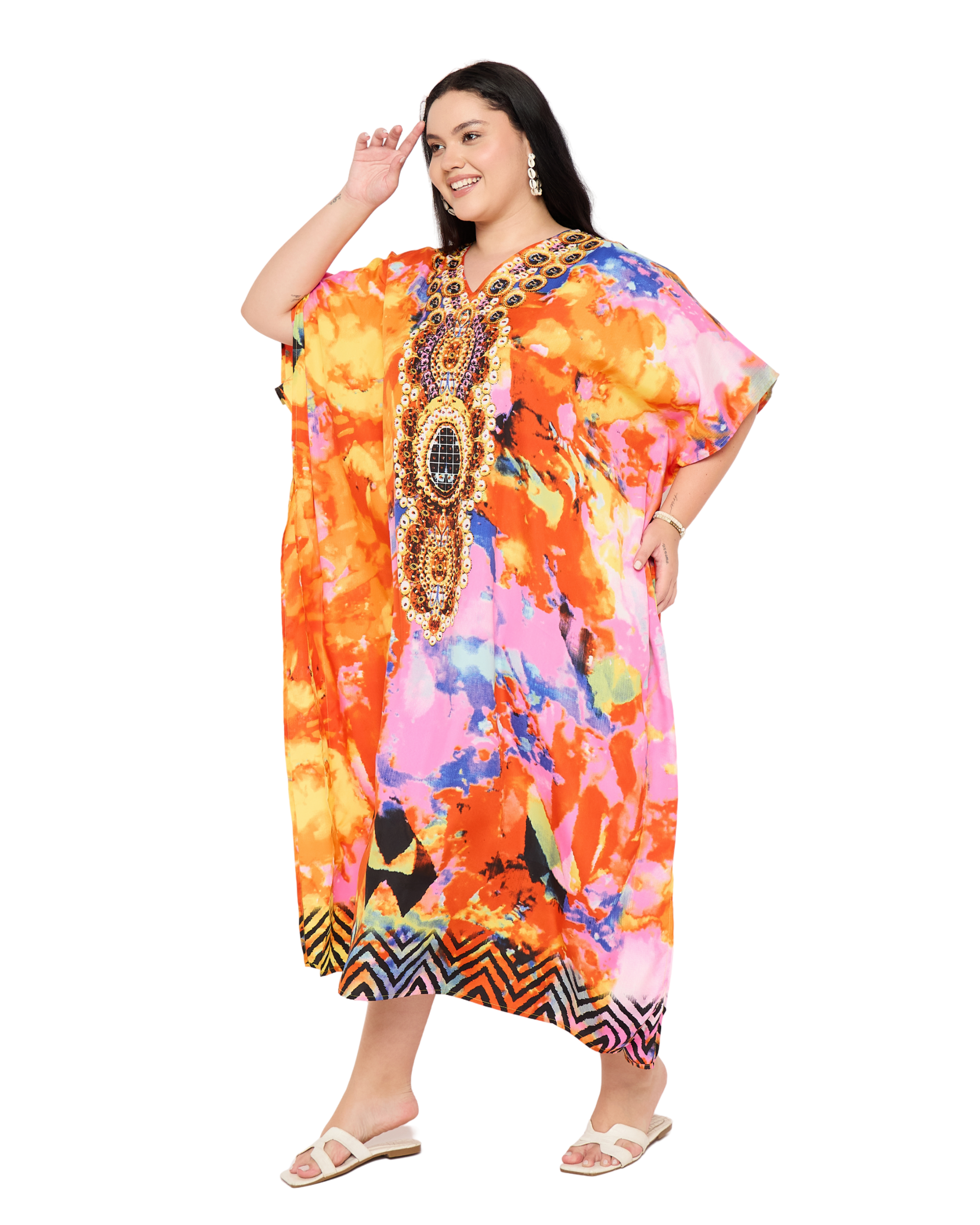 Multicolor Abstract Women Plus Size Kaftan Dress for Summers