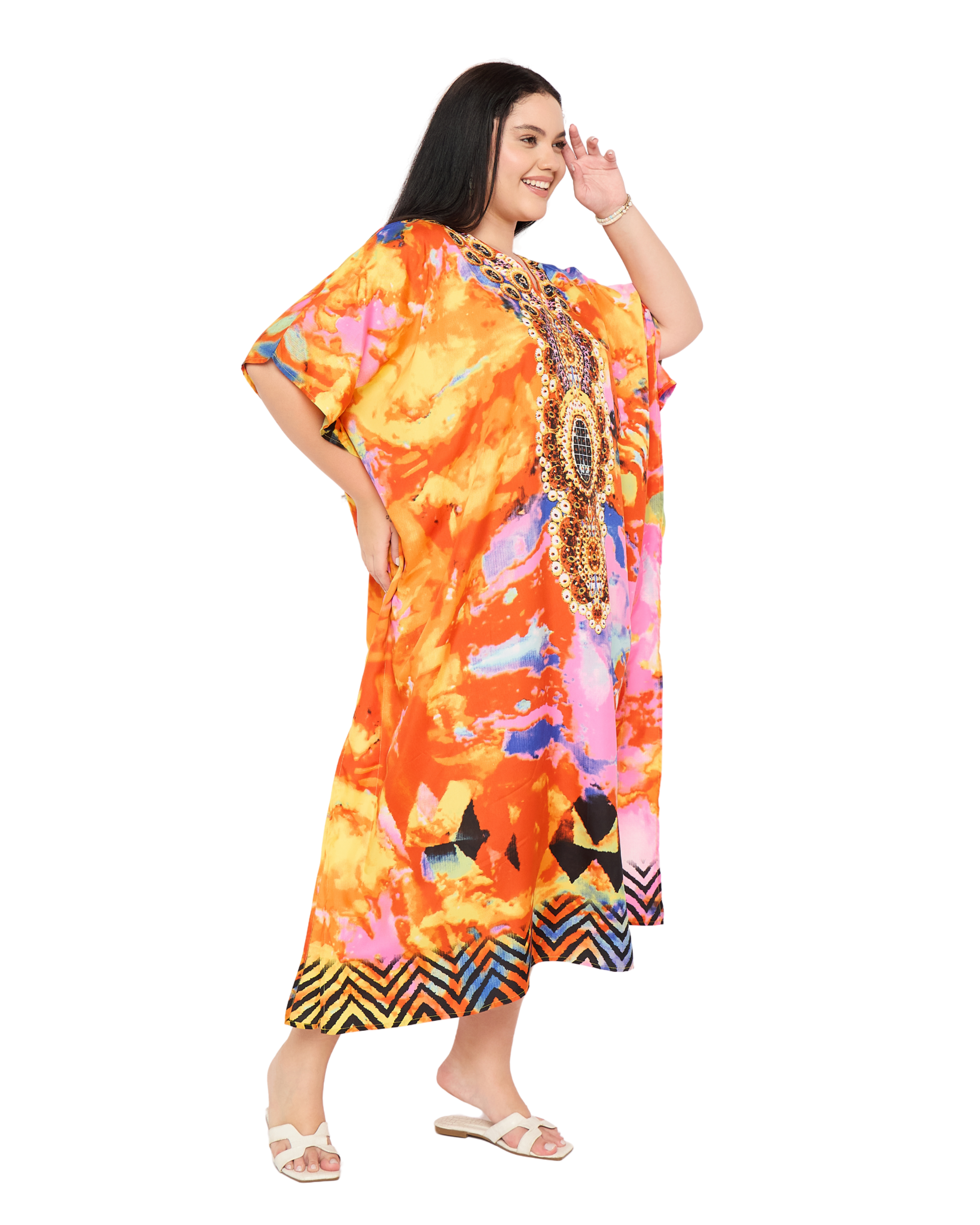 Multicolor Abstract Women Plus Size Kaftan Dress for Summers