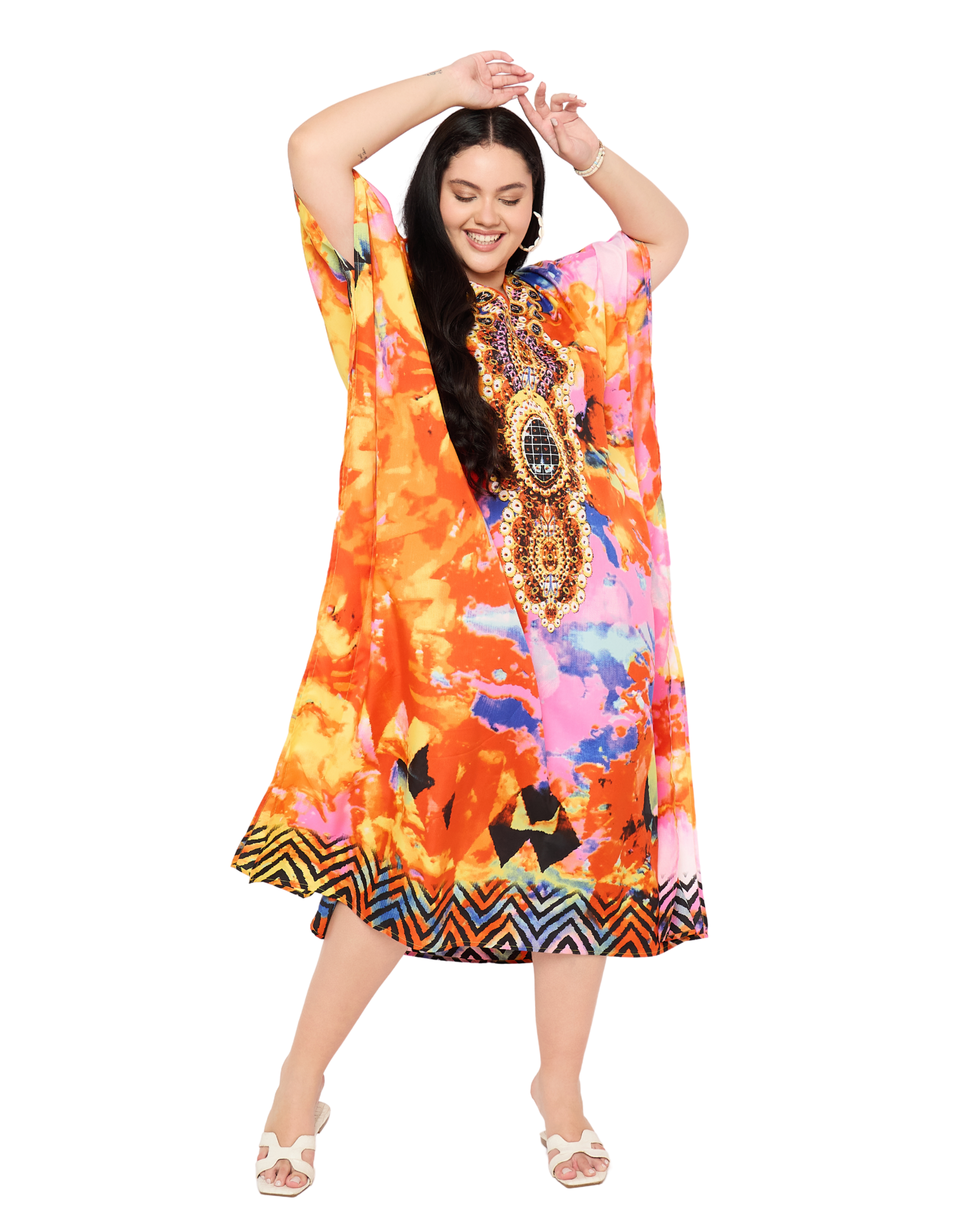 Multicolor Abstract Women Plus Size Kaftan Dress for Summers