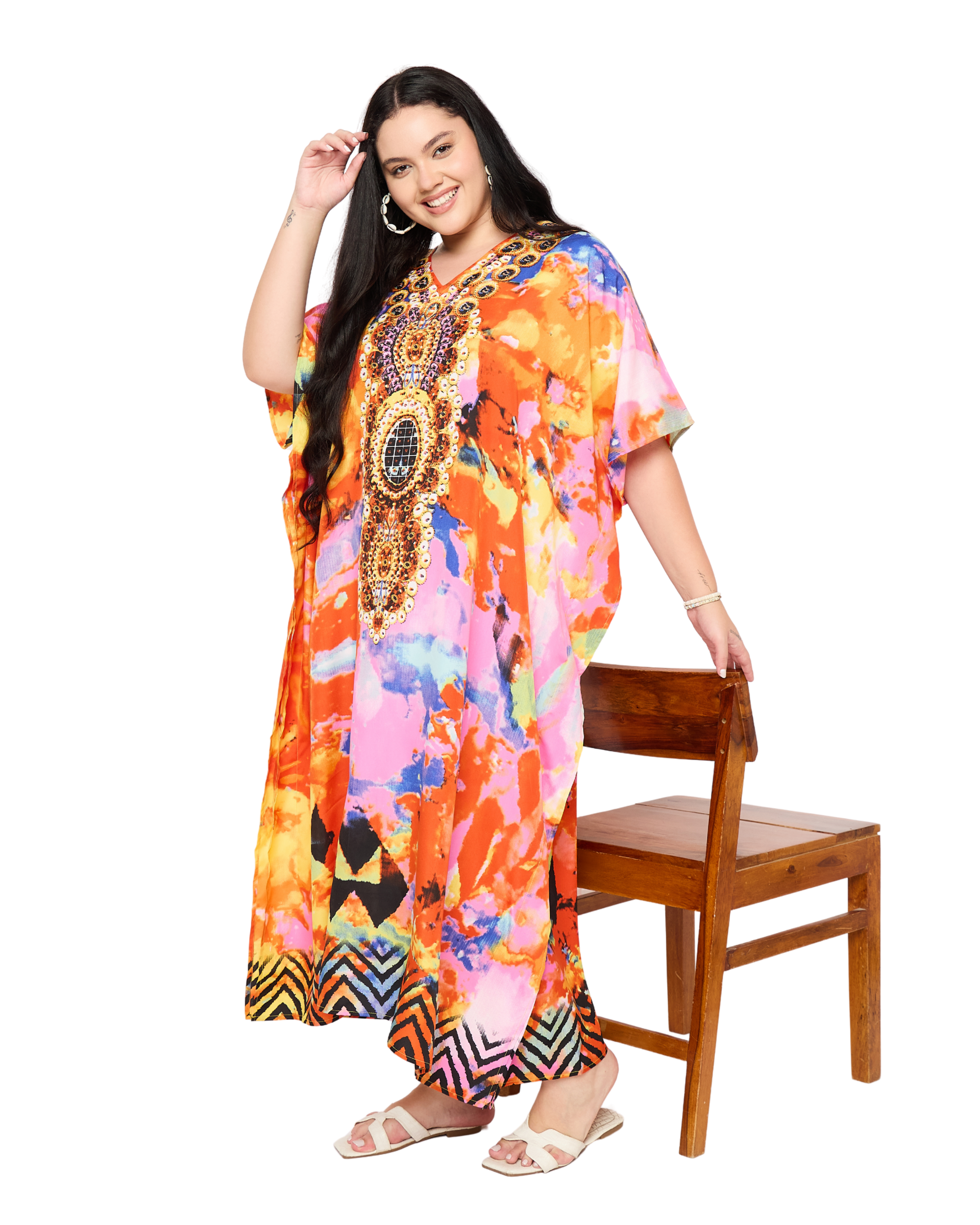 Multicolor Abstract Women Plus Size Kaftan Dress for Summers