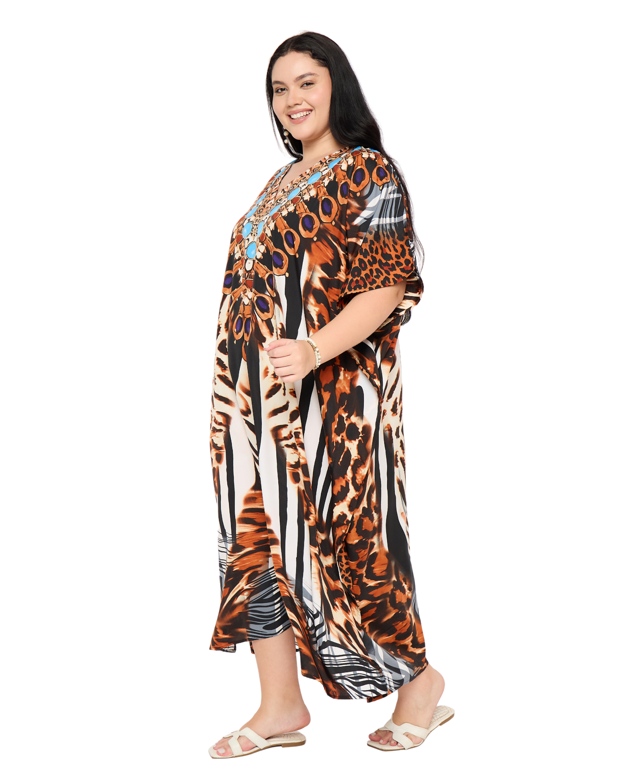 Animal Print Polyester Plus Size Long Kaftan Dress for Women