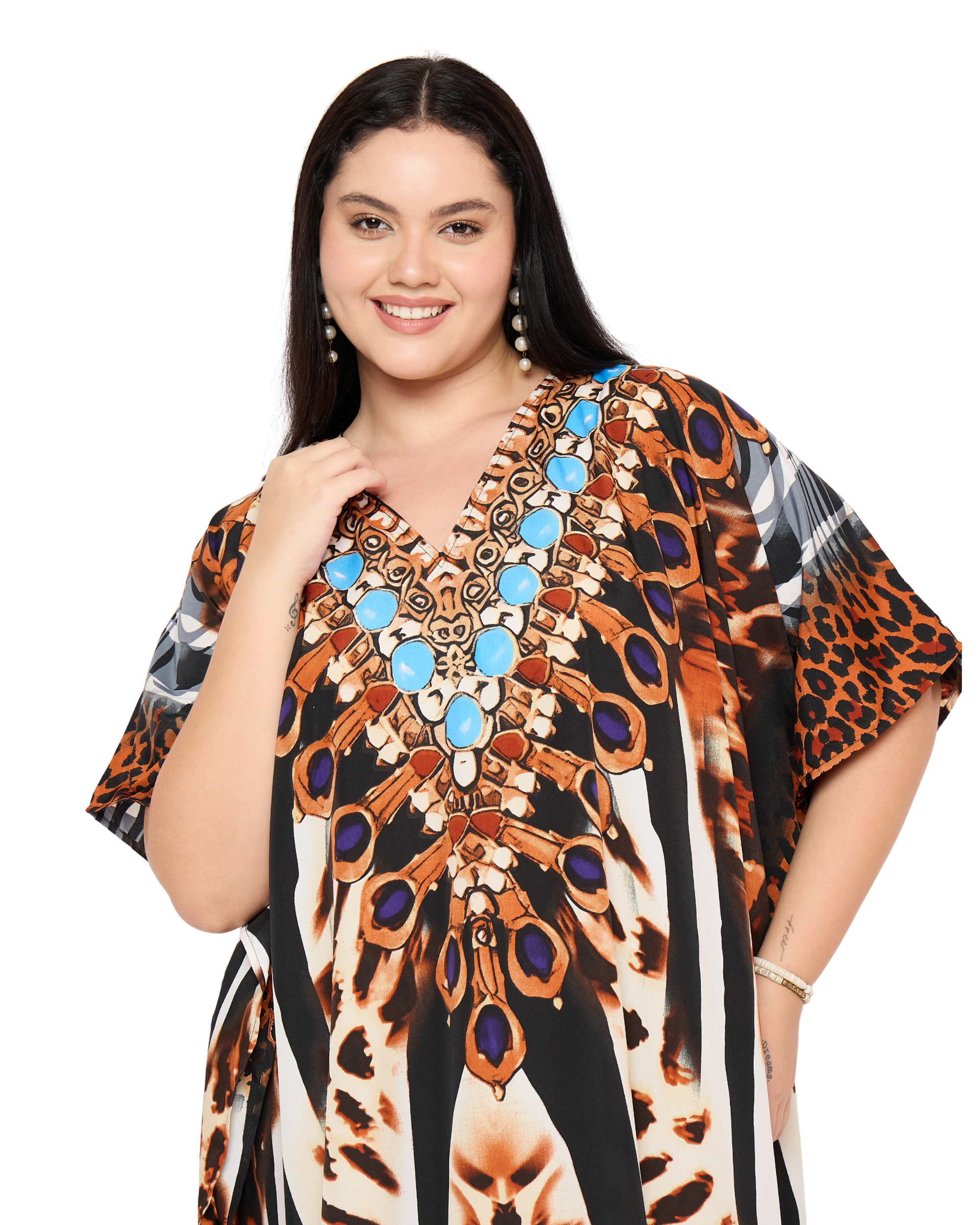 Animal Print Polyester Plus Size Long Kaftan Dress for Women