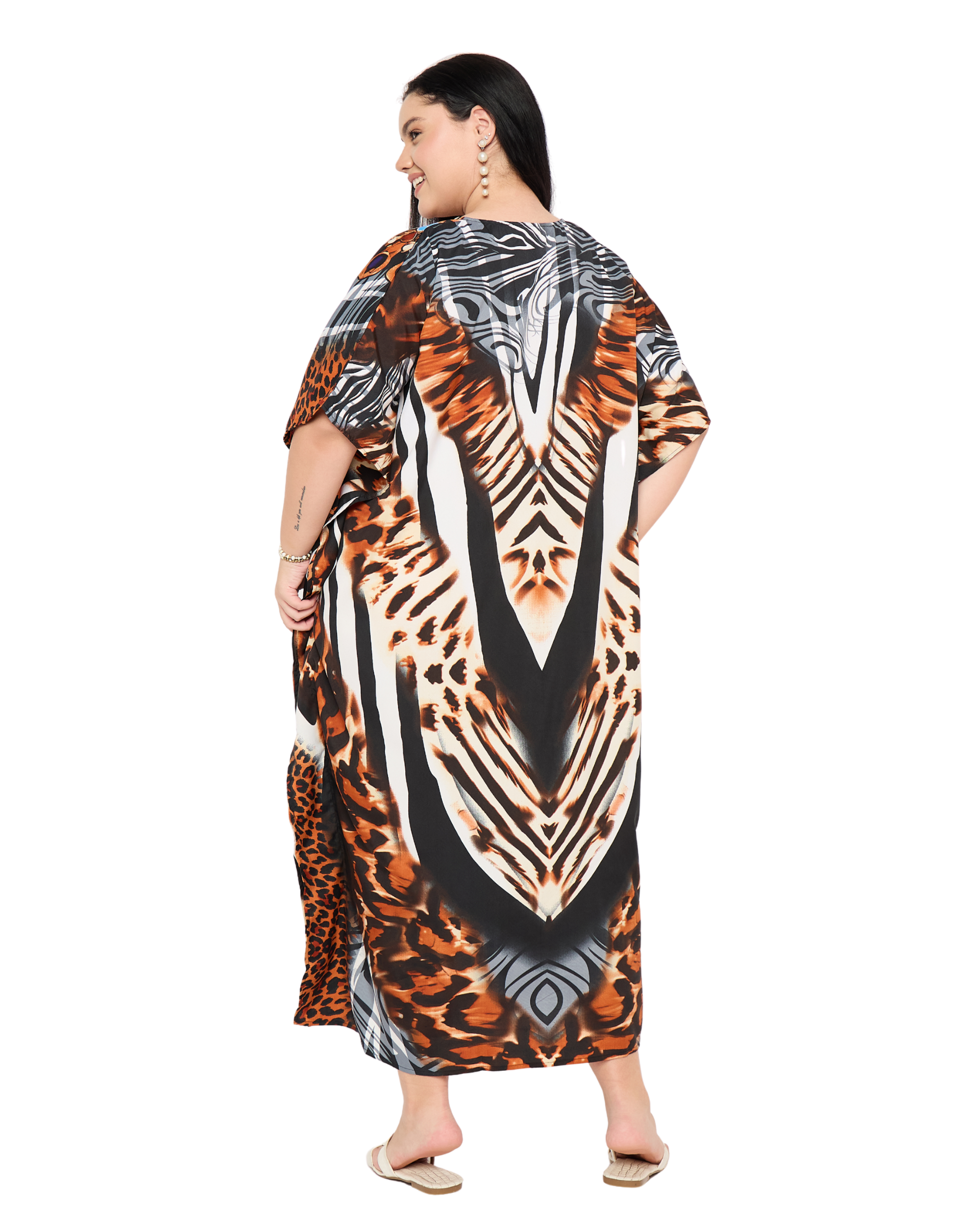 Animal Print Polyester Plus Size Long Kaftan Dress for Women