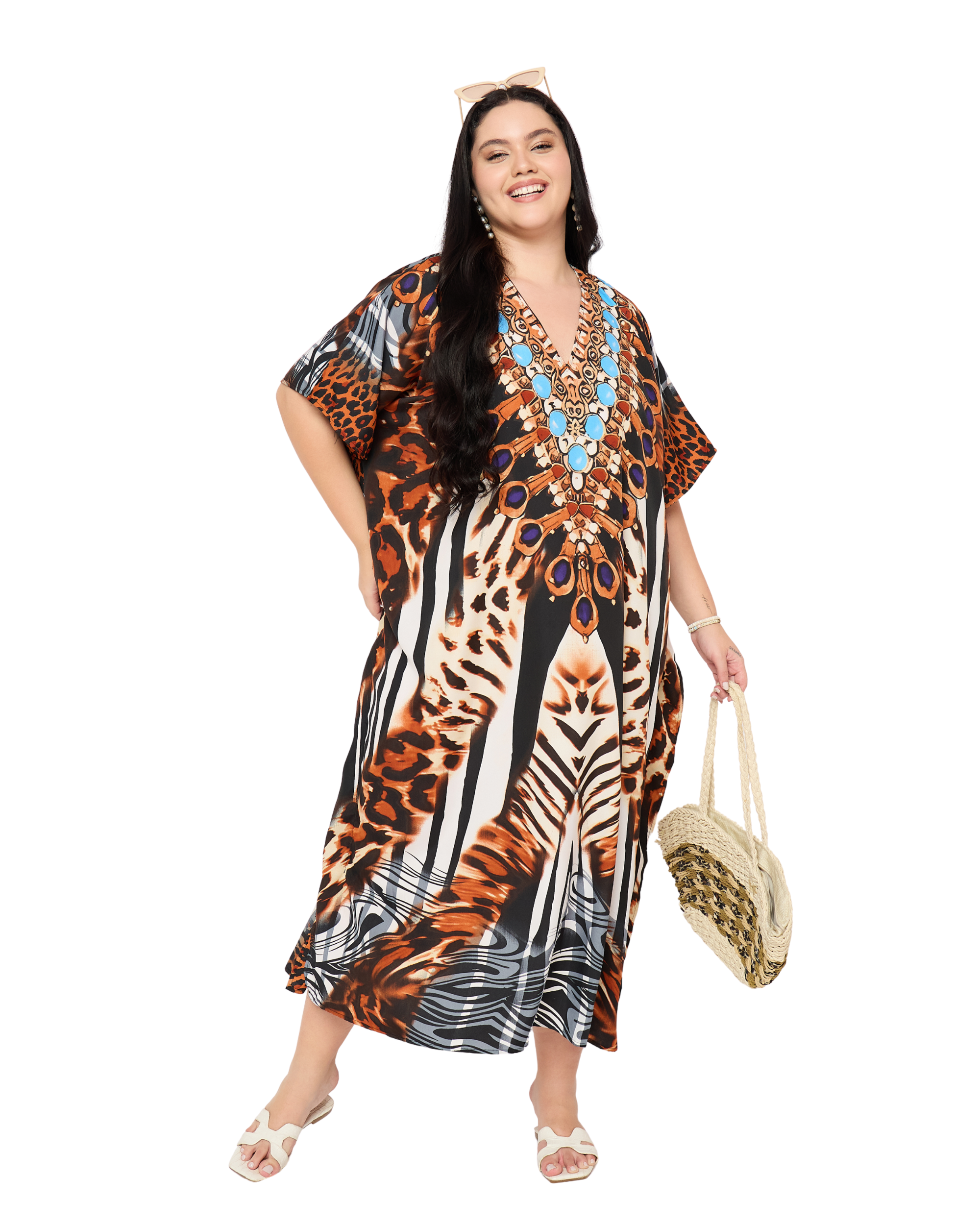 Animal Print Polyester Plus Size Long Kaftan Dress for Women