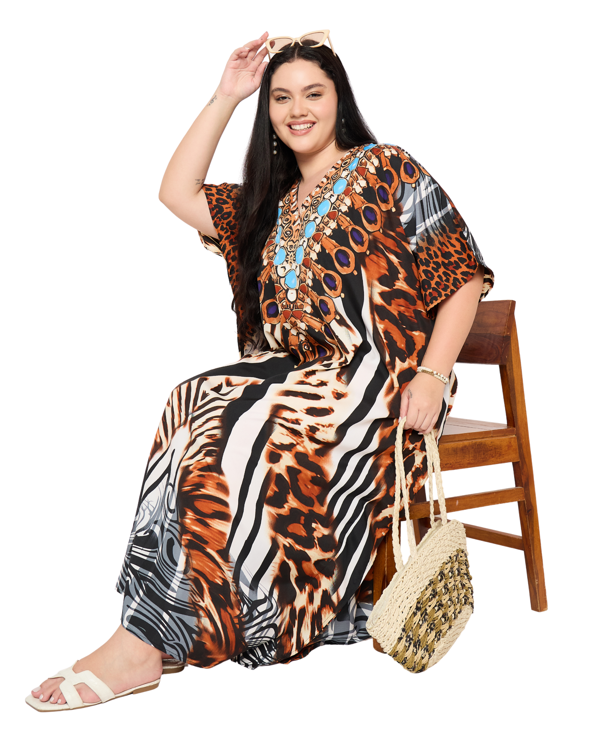 Animal Print Polyester Plus Size Maxi Kaftan Dress for Women