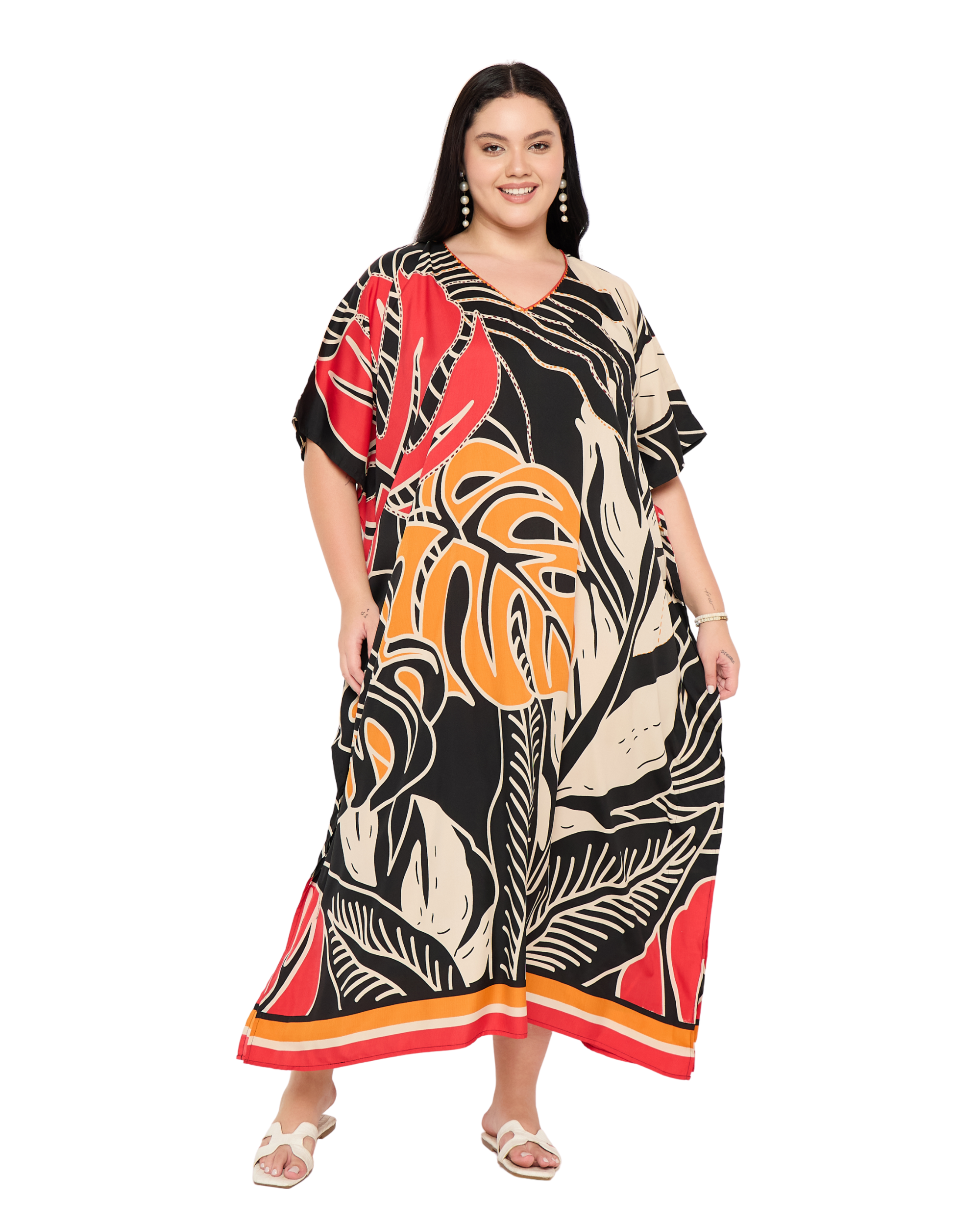 Black Tropical Polyester Women Plus Size Long Caftan Dress