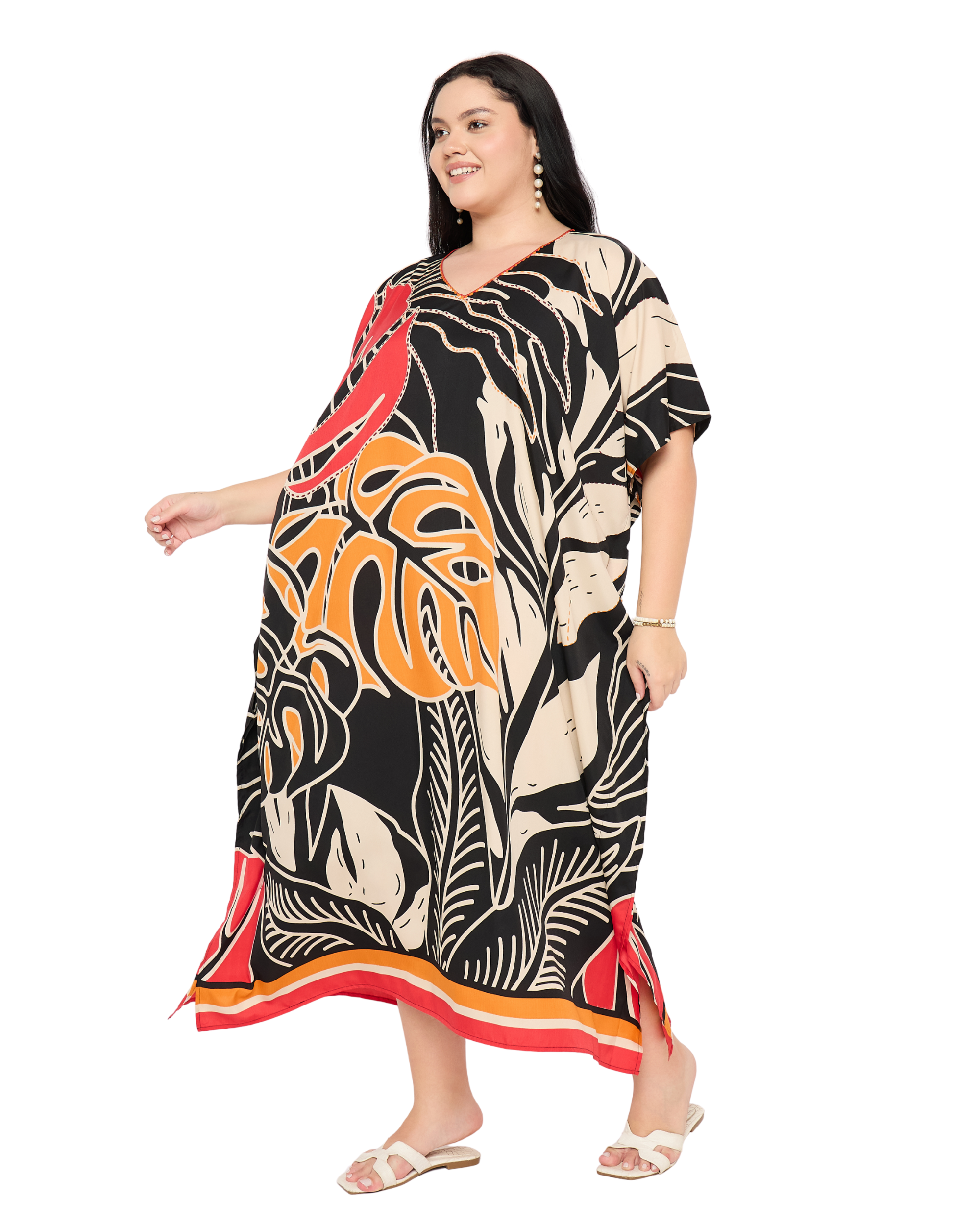 Black Tropical Polyester Women Plus Size Long Caftan Dress