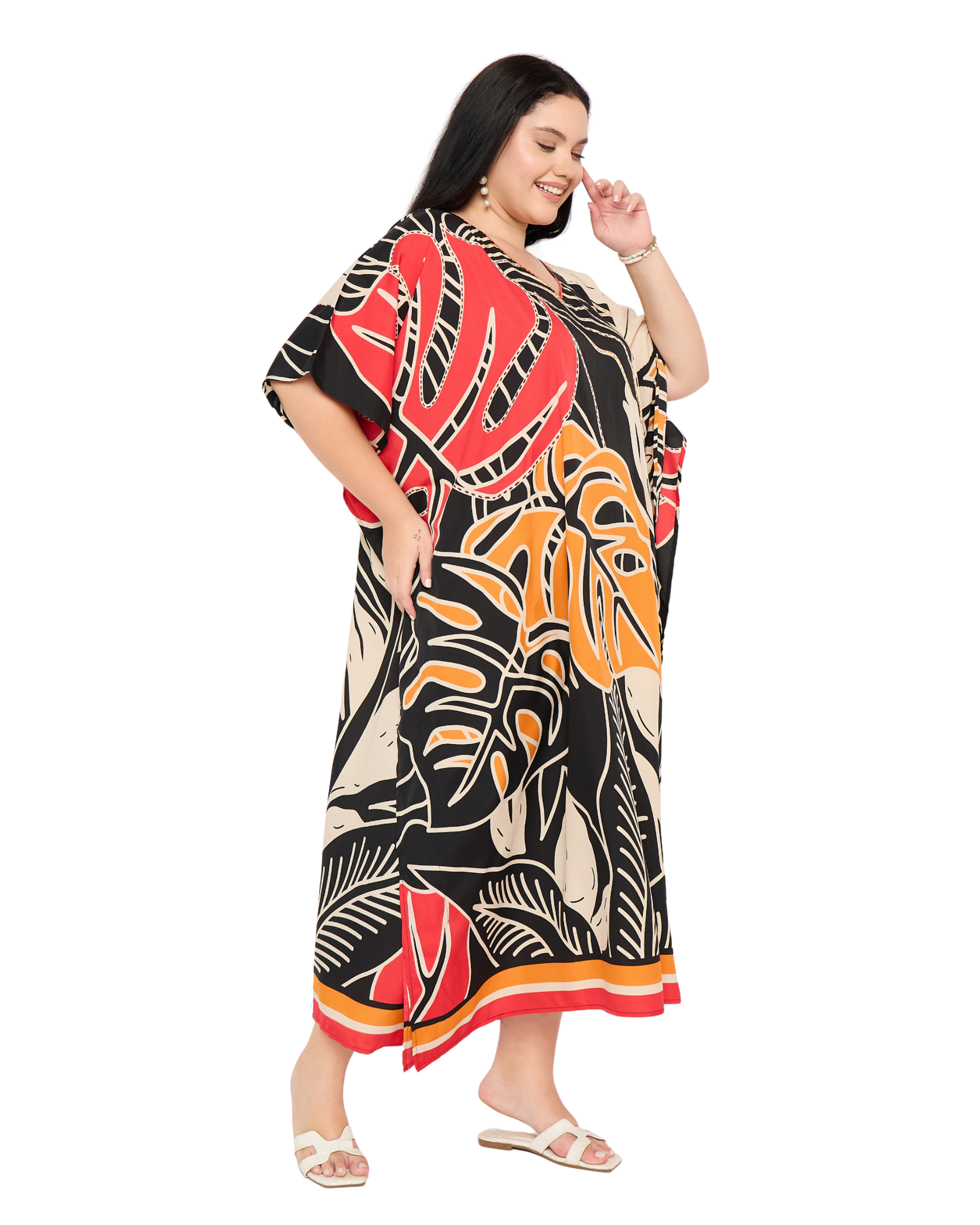 Black Tropical Polyester Women Plus Size Long Caftan Dress