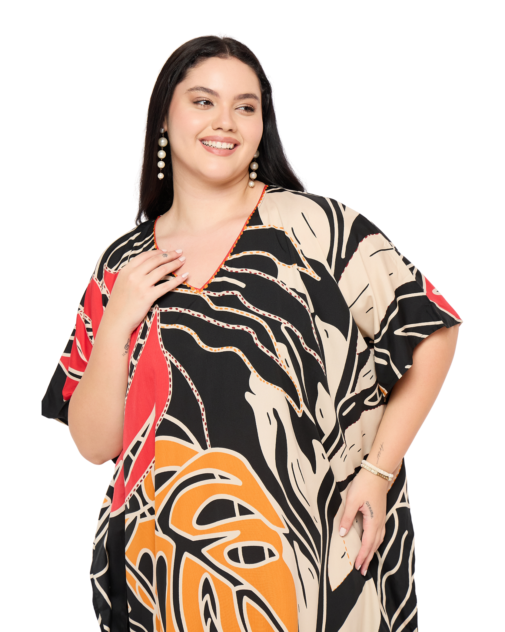 Black Tropical Polyester Women Plus Size Long Caftan Dress
