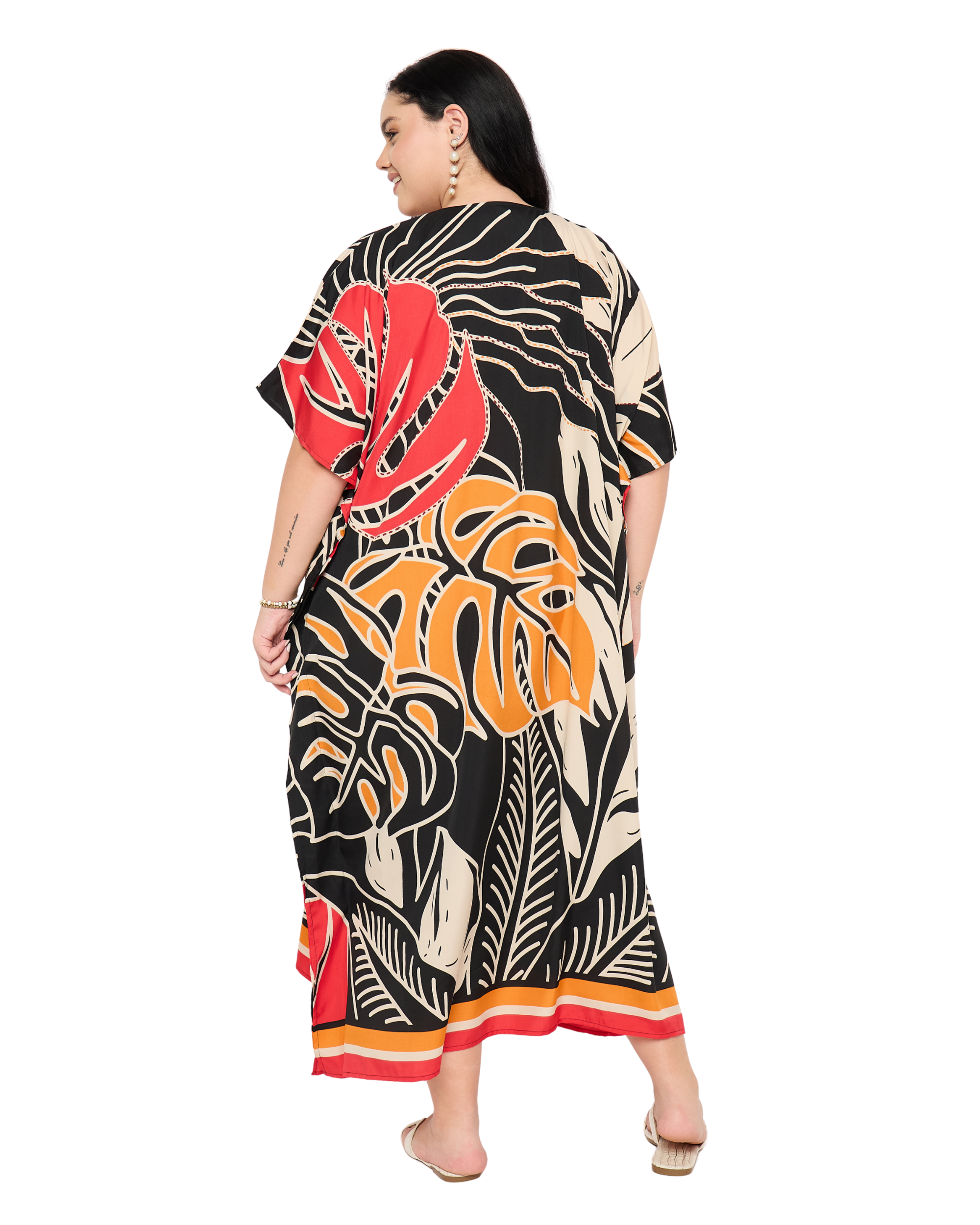 Black Tropical Polyester Women Plus Size Long Caftan Dress