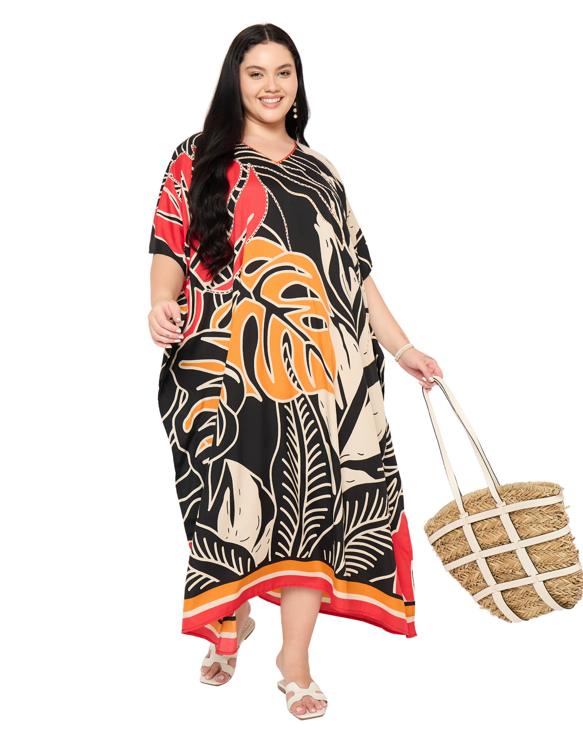 Black Tropical Polyester Women Plus Size Long Caftan Dress