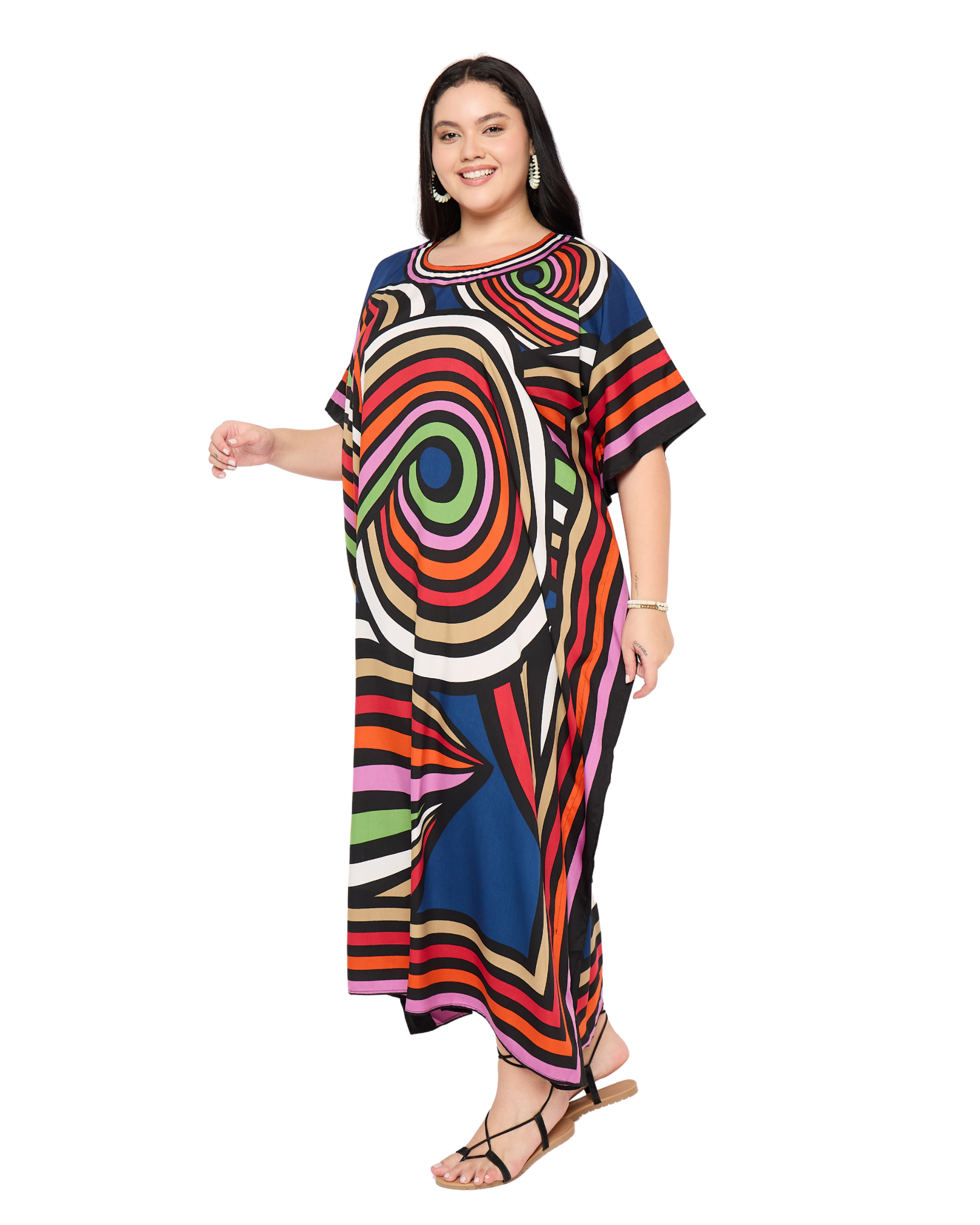 Blue Geometric Polyester Women Plus Size Kaftan Dress
