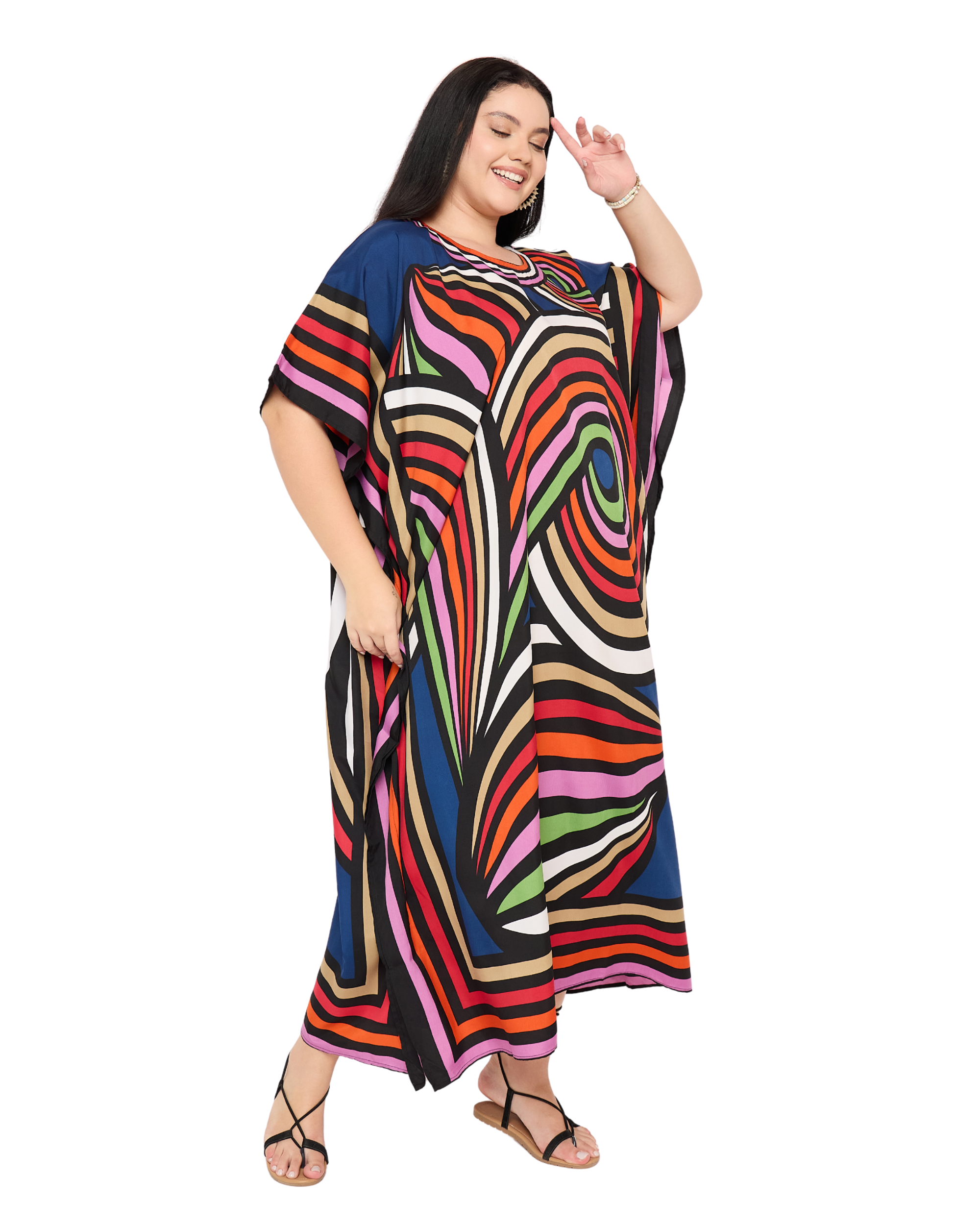 Blue Geometric Polyester Women Plus Size Kaftan Dress