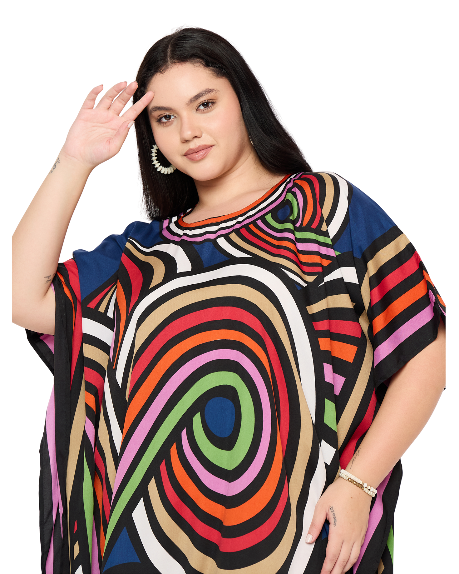 Blue Geometric Polyester Women Plus Size Kaftan Dress