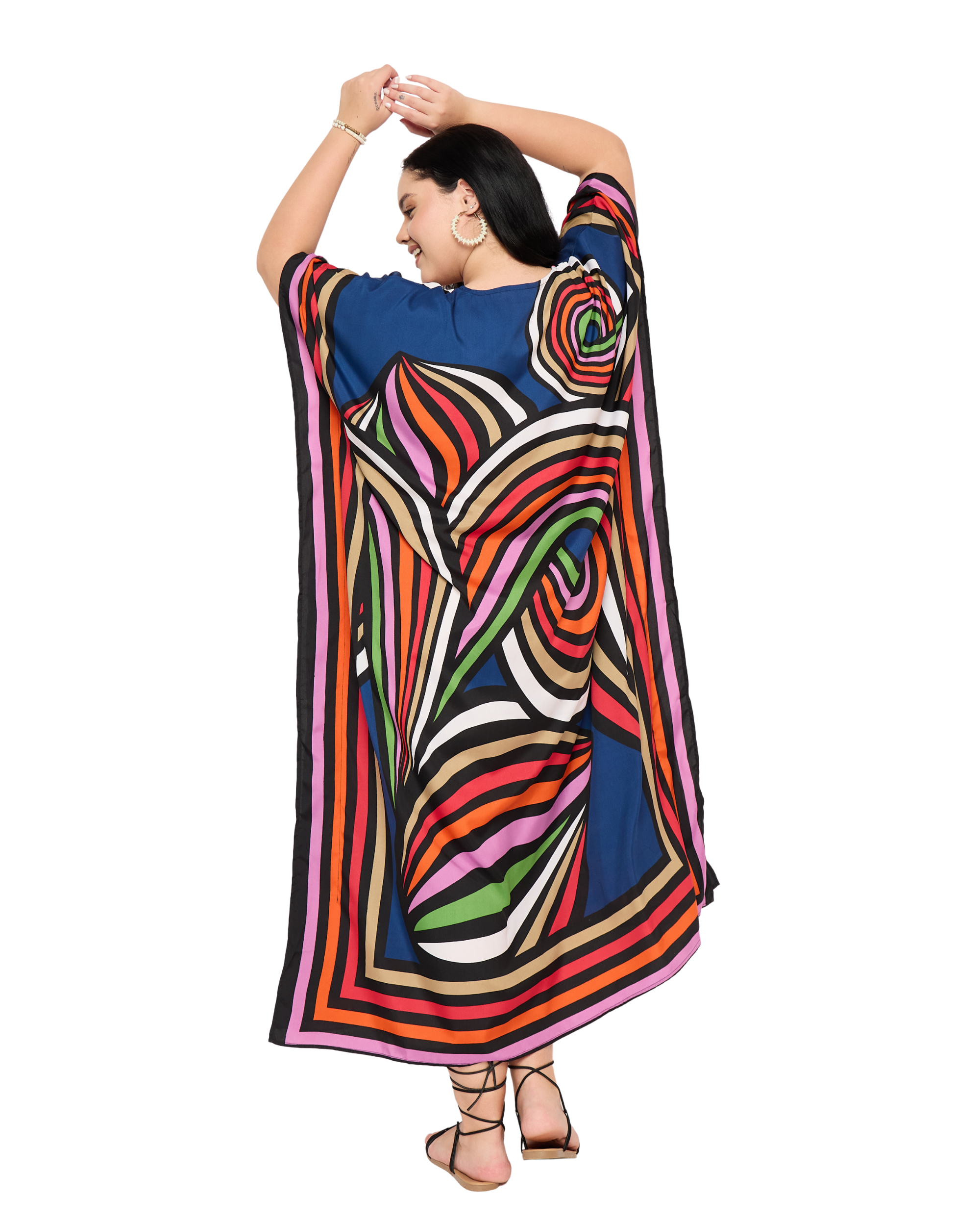 Blue Geometric Polyester Women Plus Size Kaftan Dress