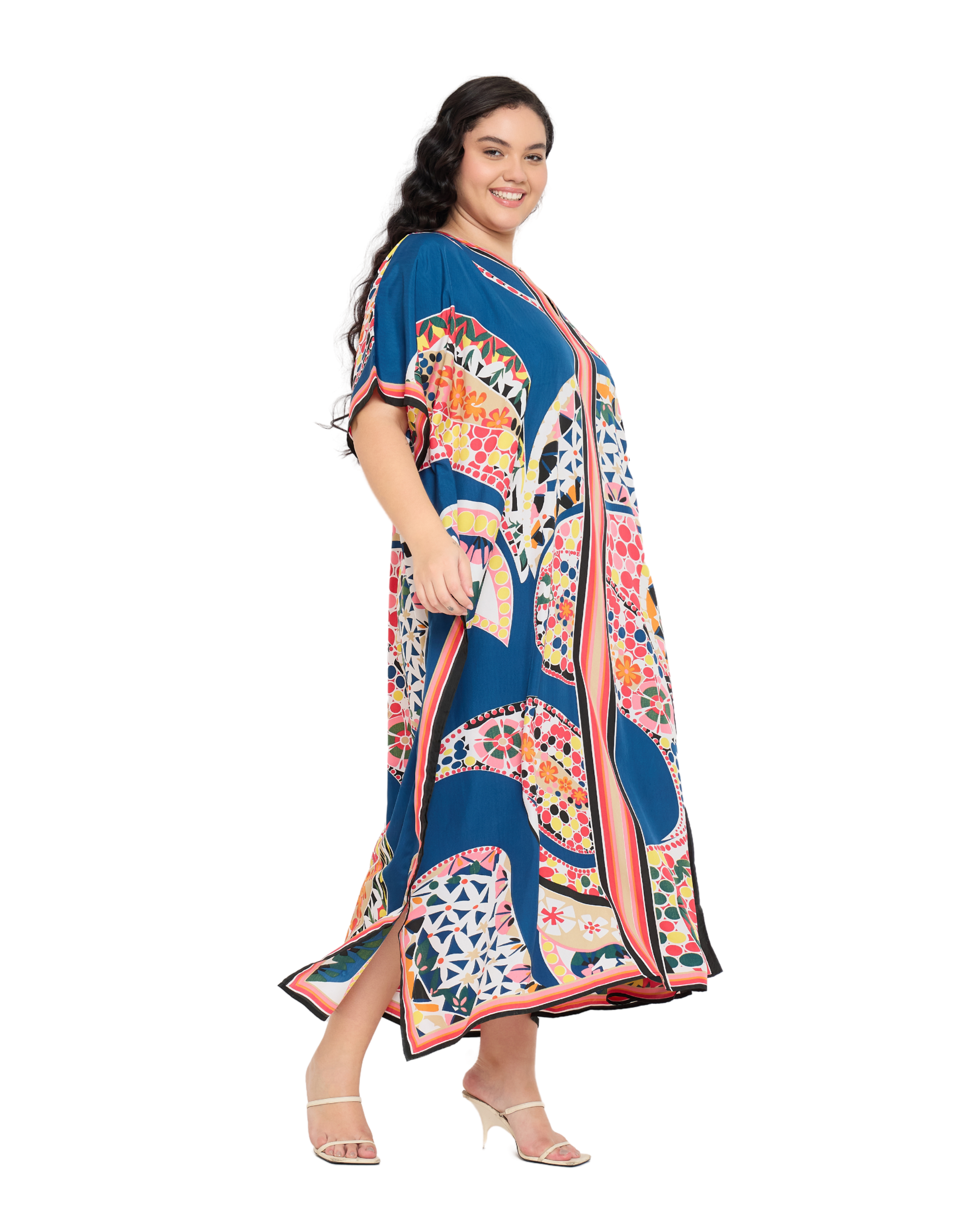 Blue Polyester Geometric Women Plus Size Kaftan Beach Dress