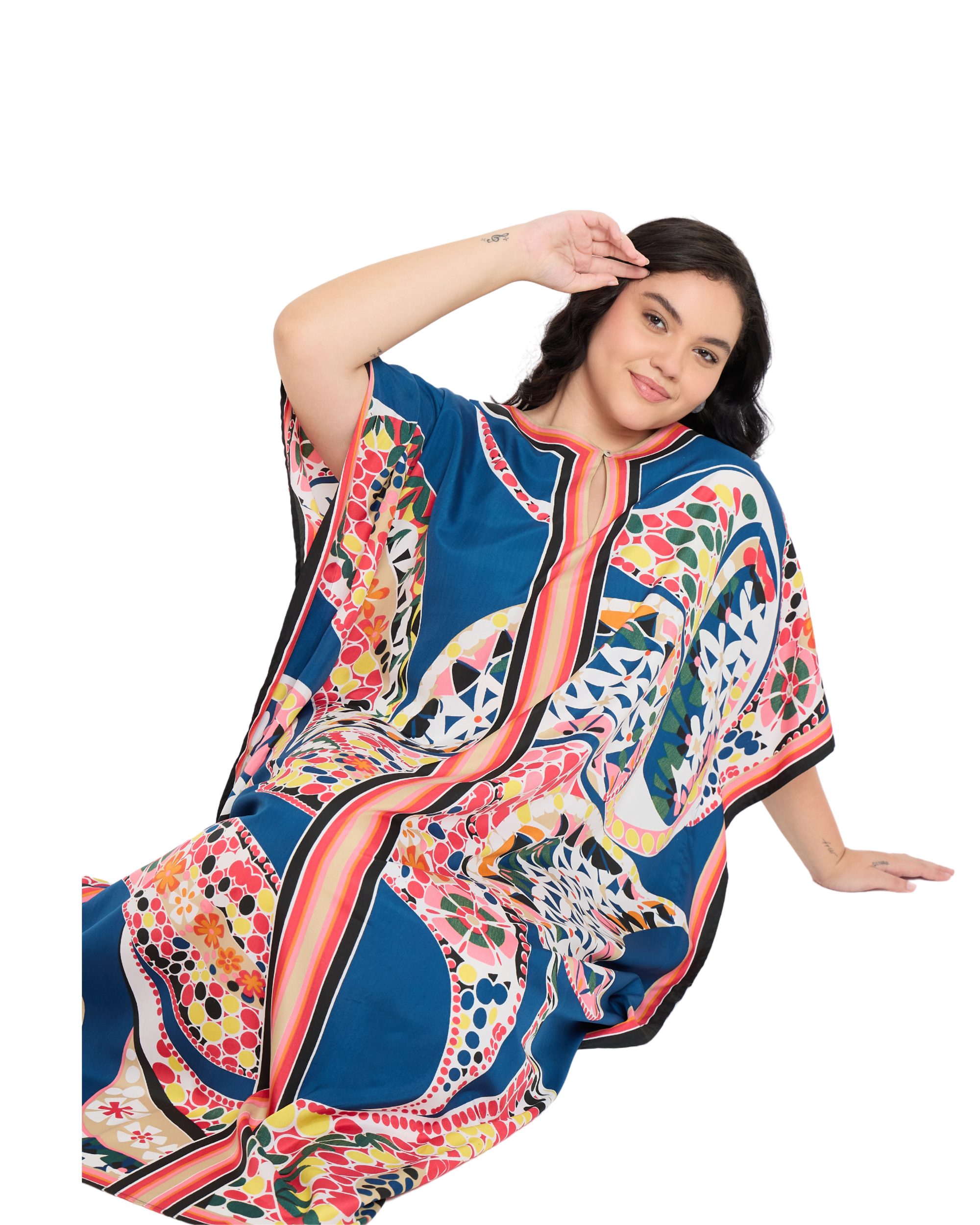 Cobalt Blue Polyester Geometric Women Plus Size Kaftan Dress For Beach