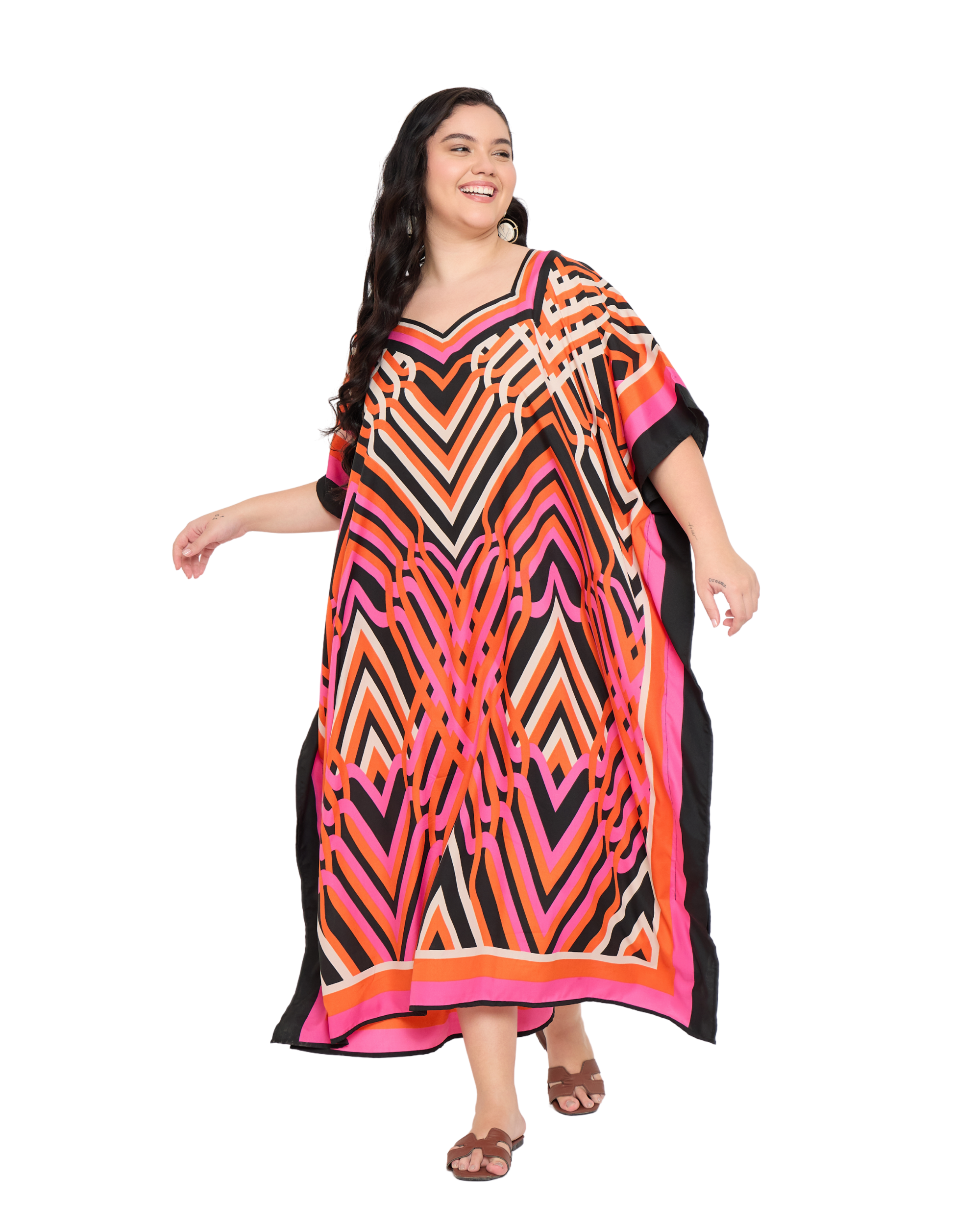 Geometric Polyester Women Plus Size Kaftan House Dress