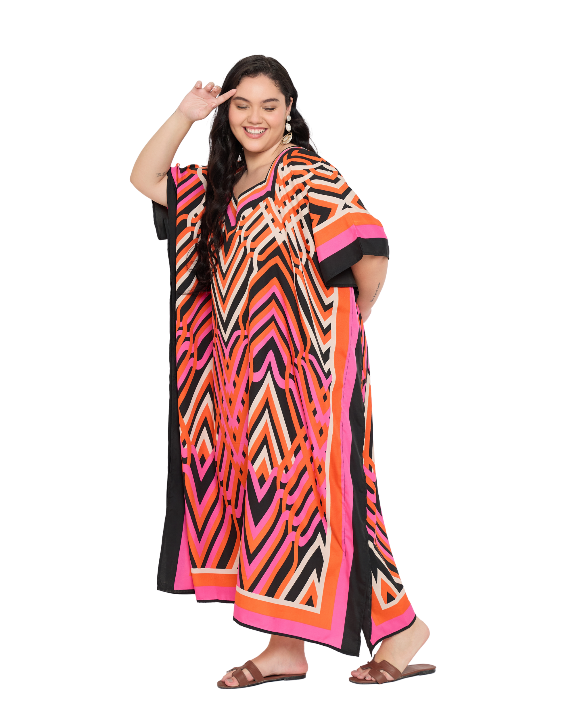 Geometric Polyester Women Plus Size Kaftan House Dress