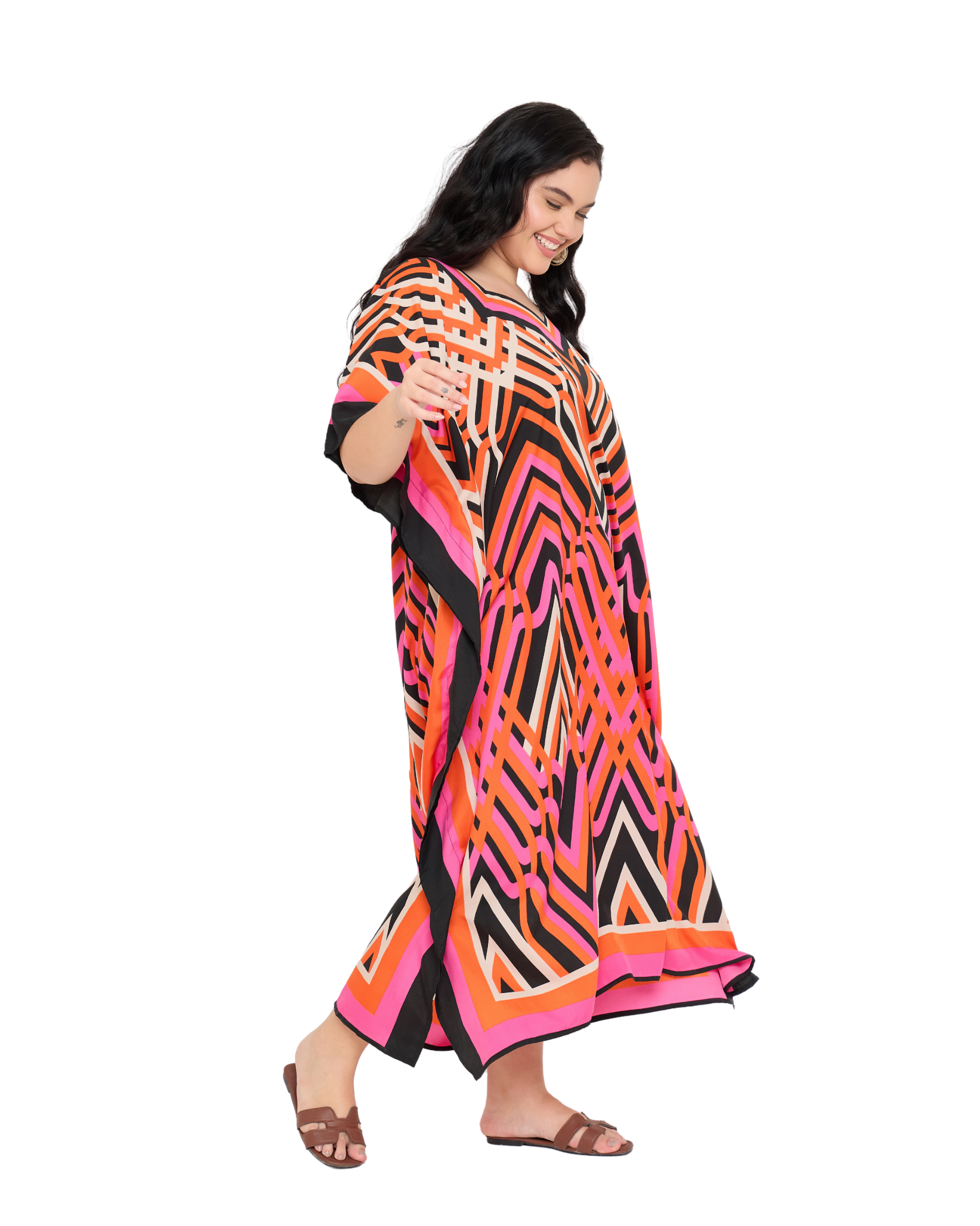 Geometric Polyester Women Plus Size Kaftan House Dress