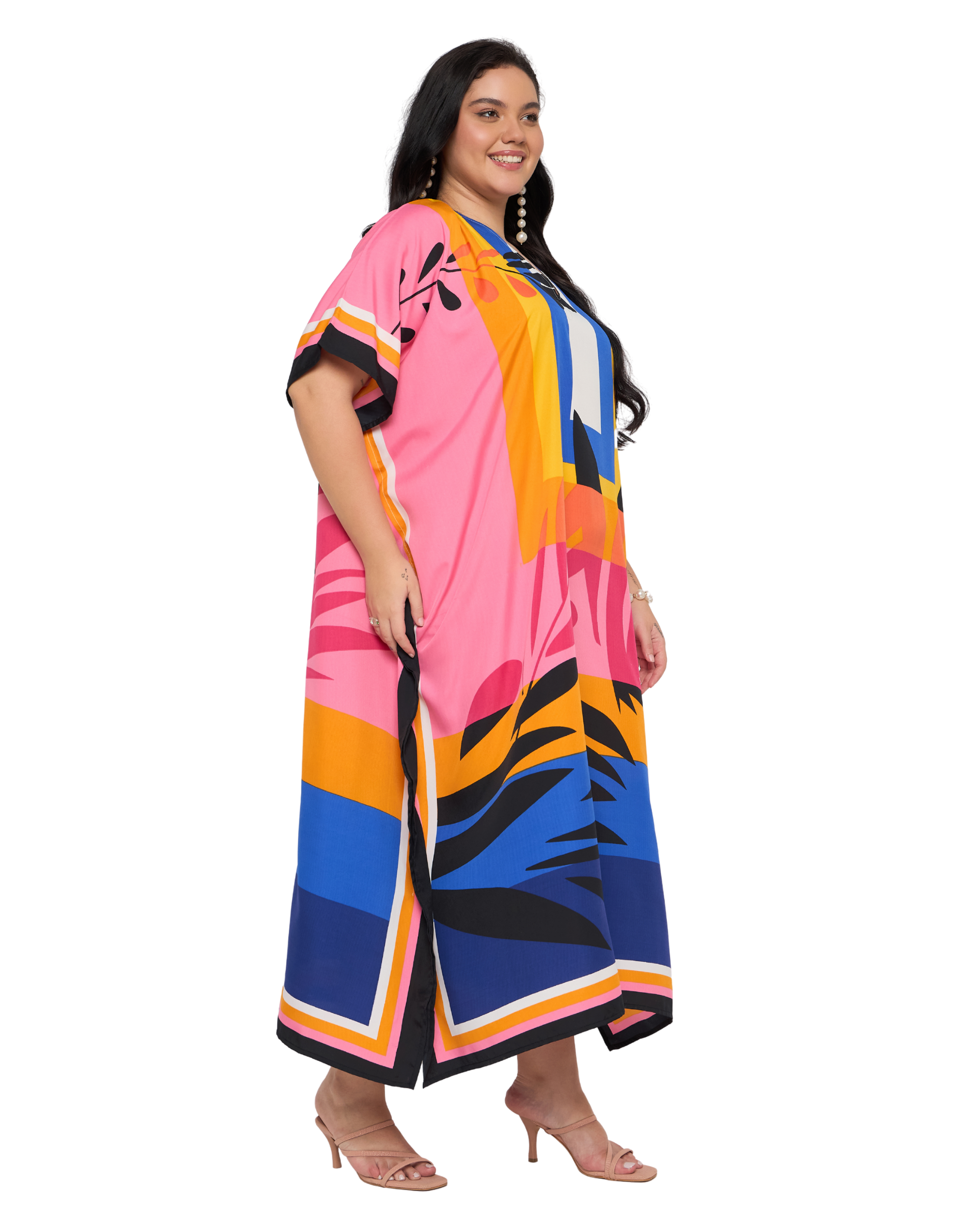Pink Tropical Polyester Plus Size Caftan Dress for Women