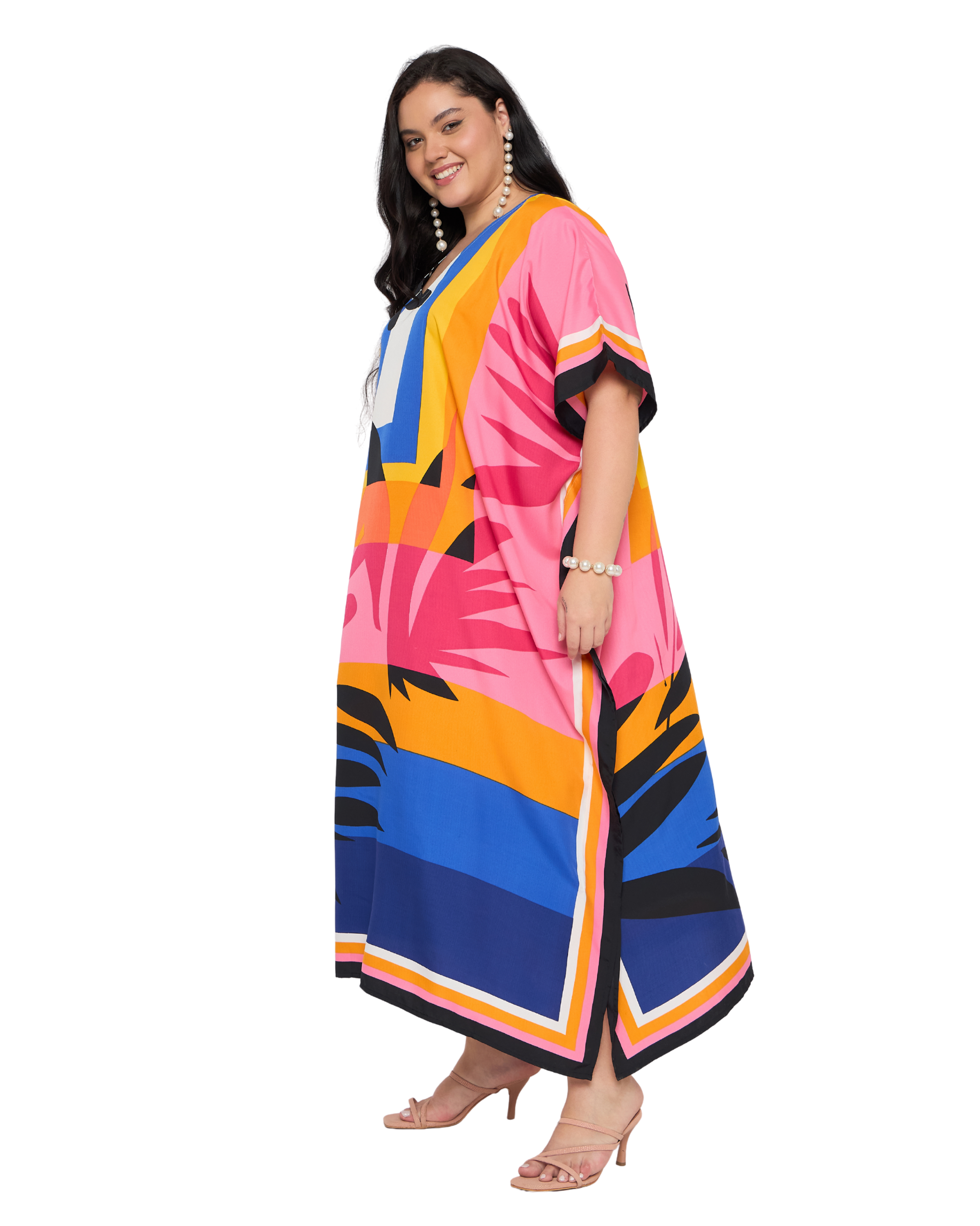 Pink Tropical Polyester Plus Size Caftan Dress for Women
