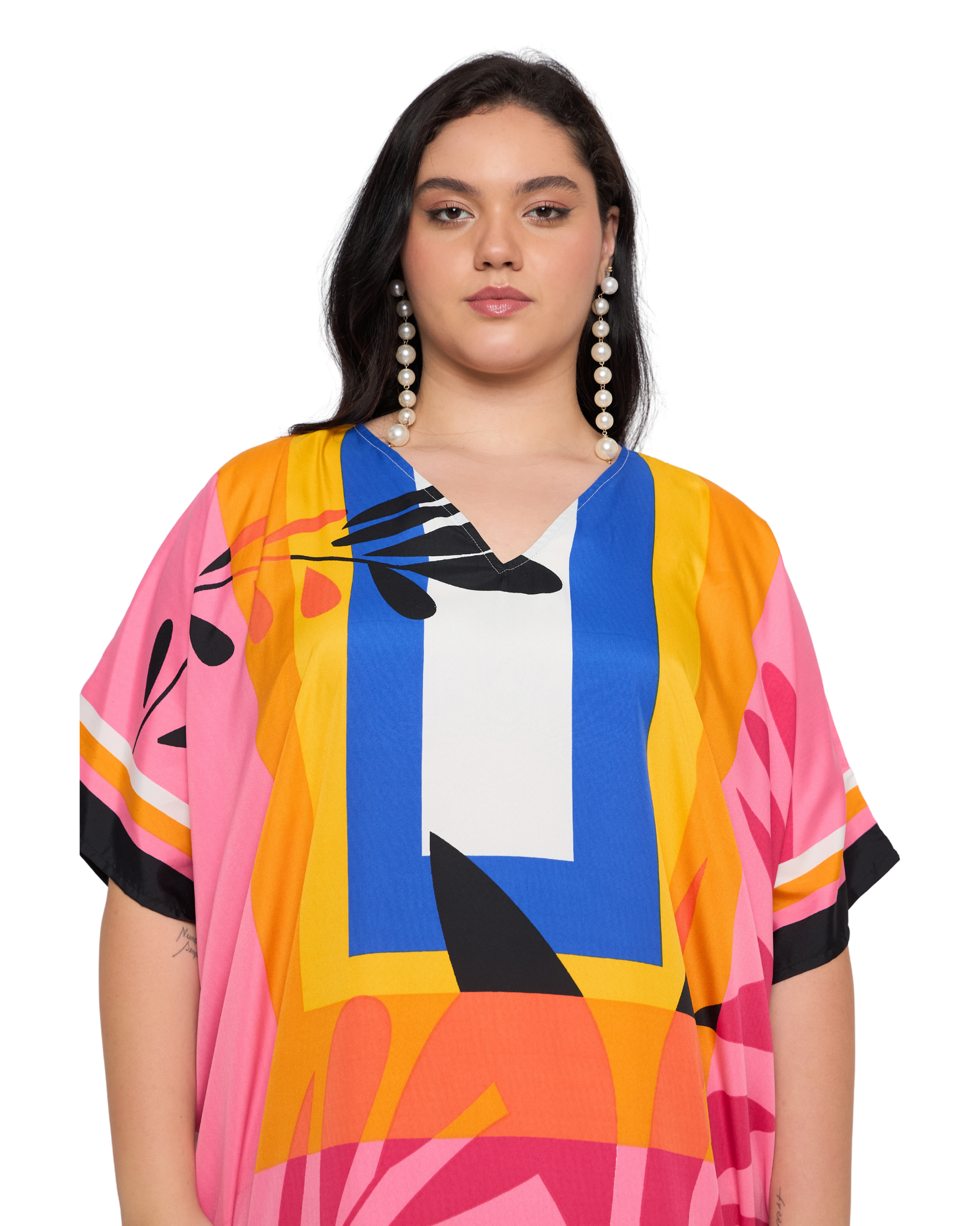 Pink Tropical Polyester Plus Size Caftan Dress for Women
