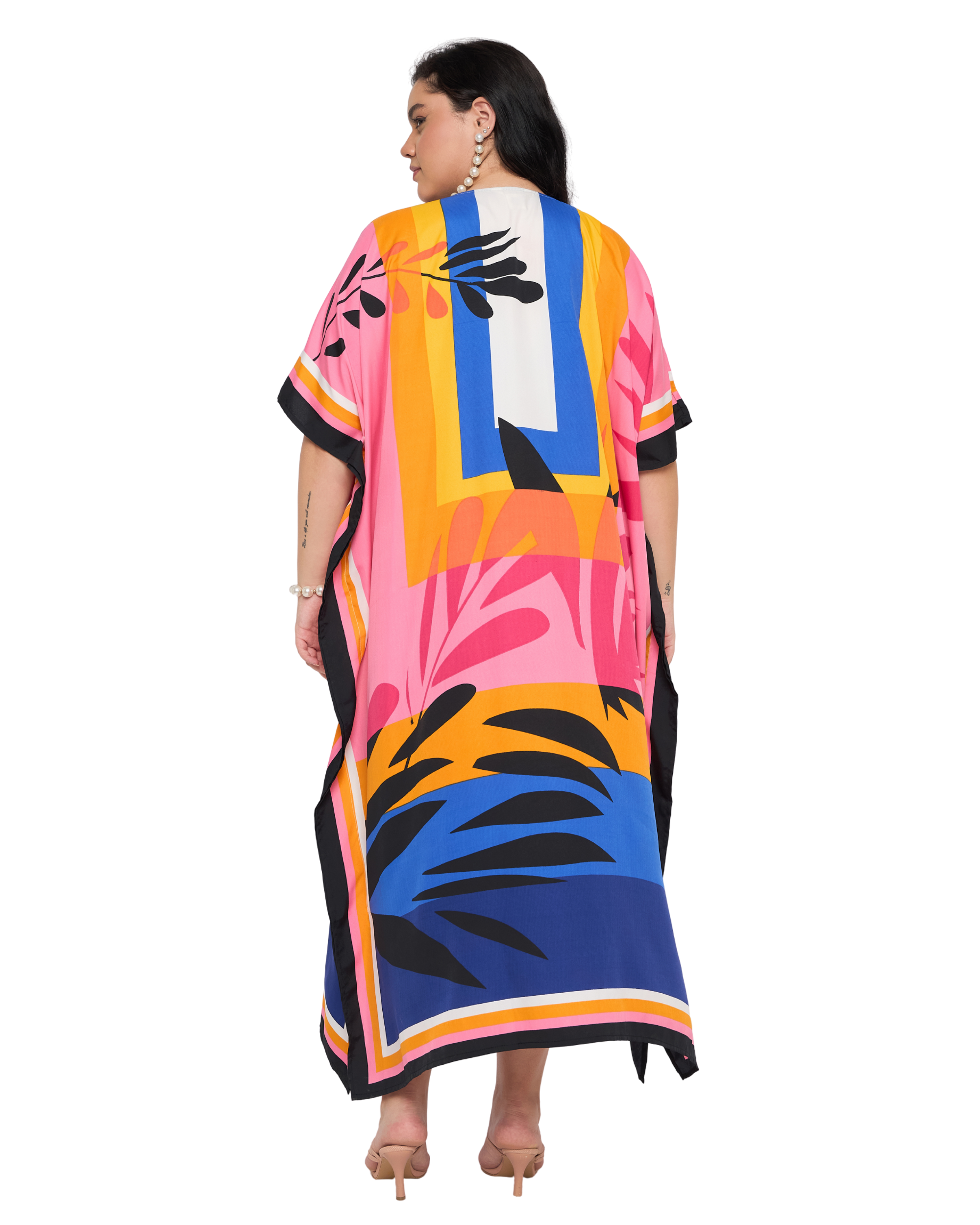 Pink Tropical Polyester Plus Size Caftan Dress for Women