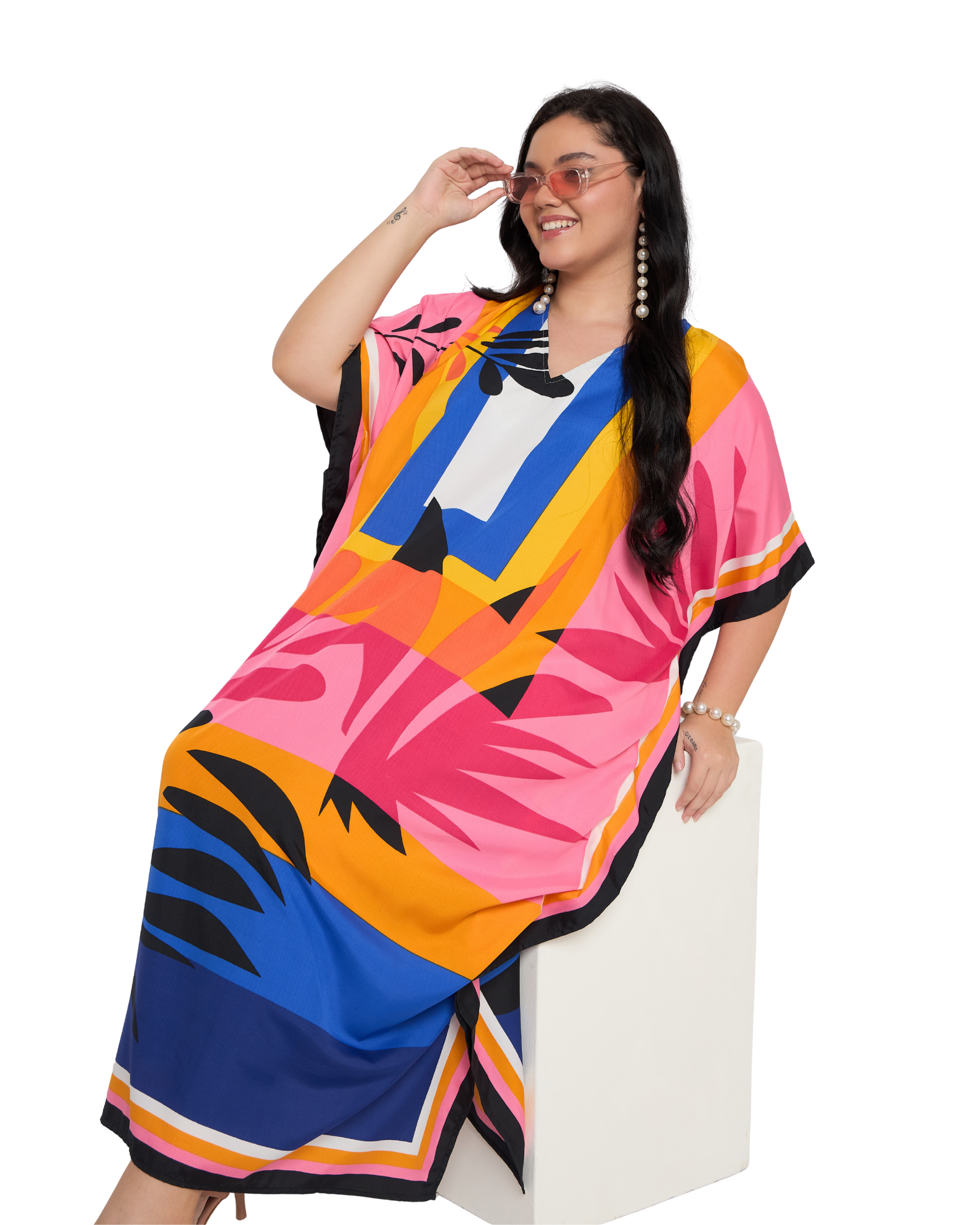 Pink Tropical Polyester Plus Size Caftan Dress for Women