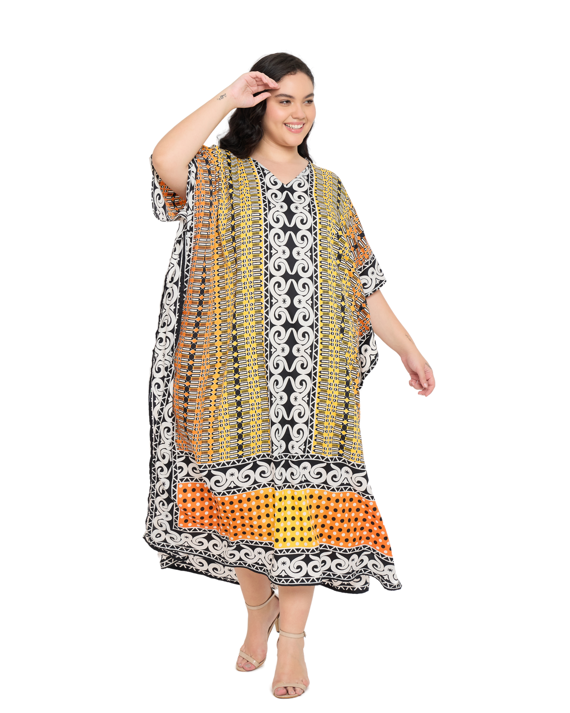 Black Polyester Tribal Plus Size V Neck Women Kaftan Dress
