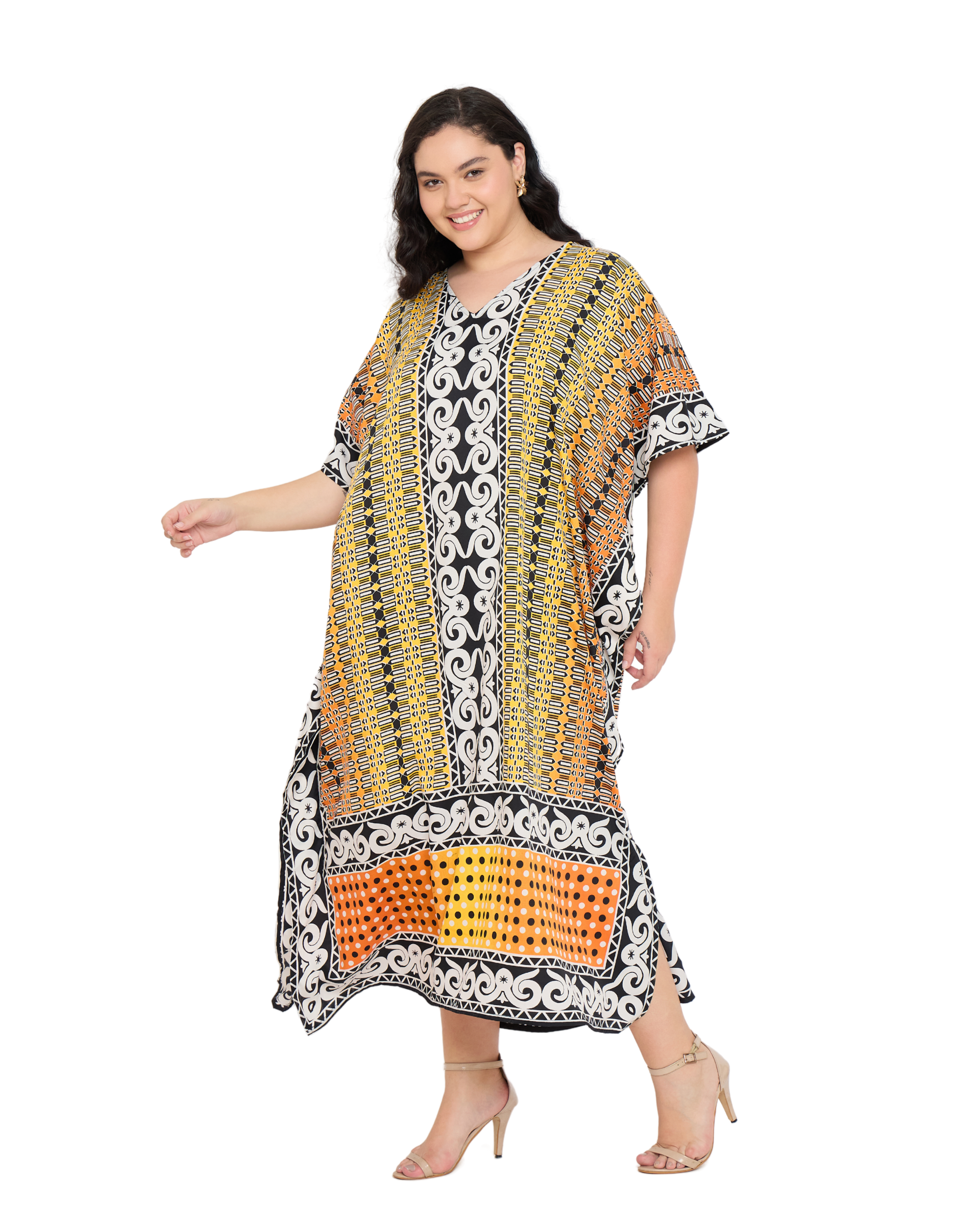 Black Polyester Tribal Plus Size V Neck Women Kaftan Dress