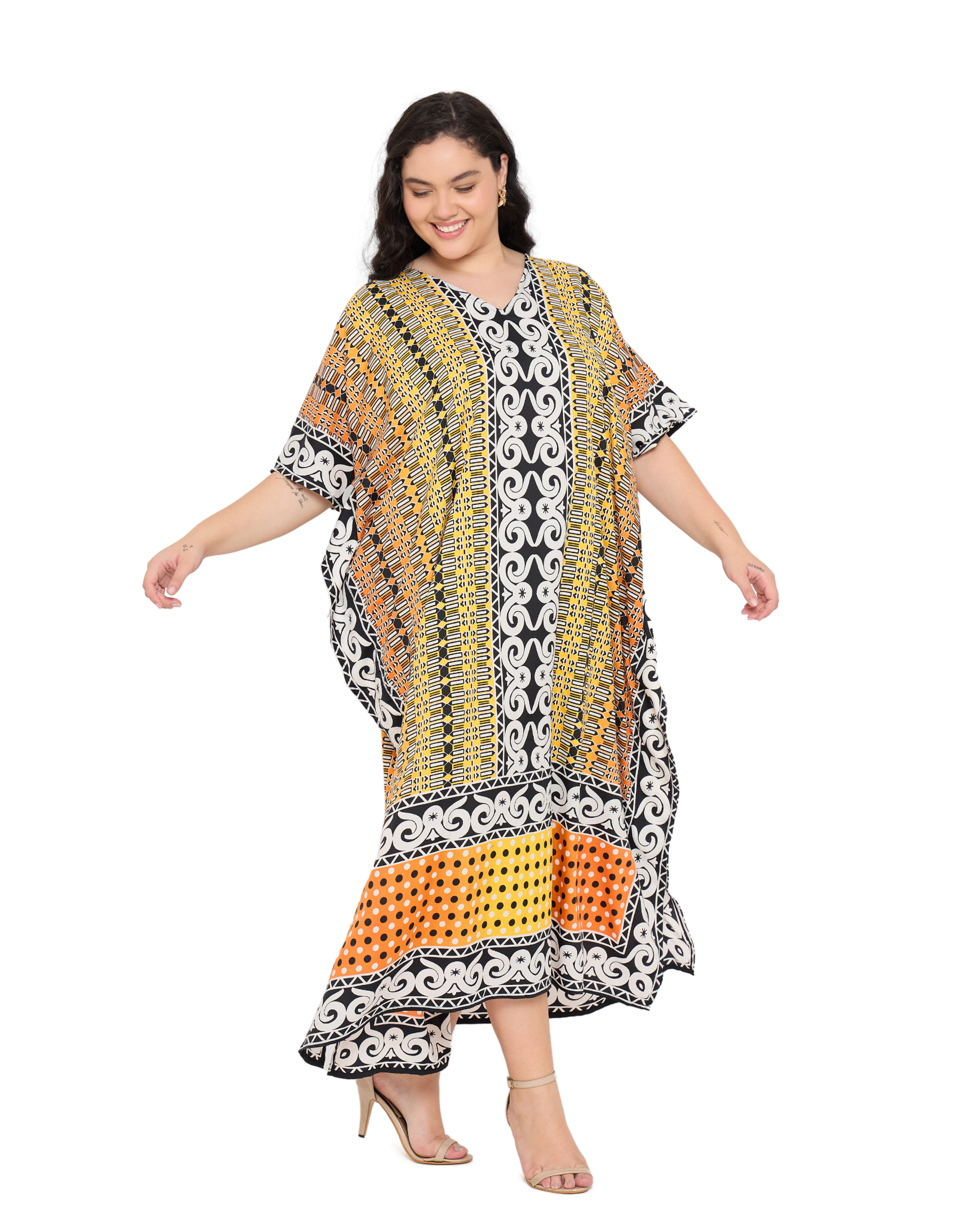 Black Polyester Tribal Plus Size V Neck Women Kaftan Dress