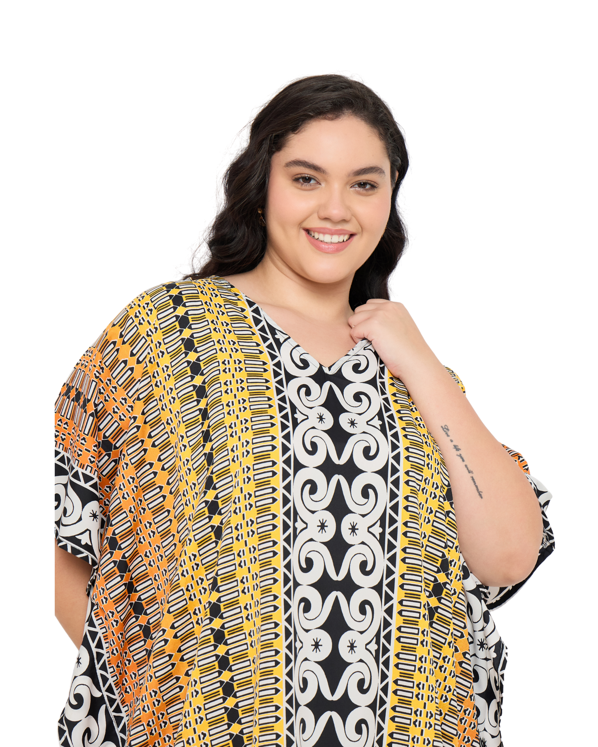 Black Polyester Tribal Plus Size V Neck Women Kaftan Dress