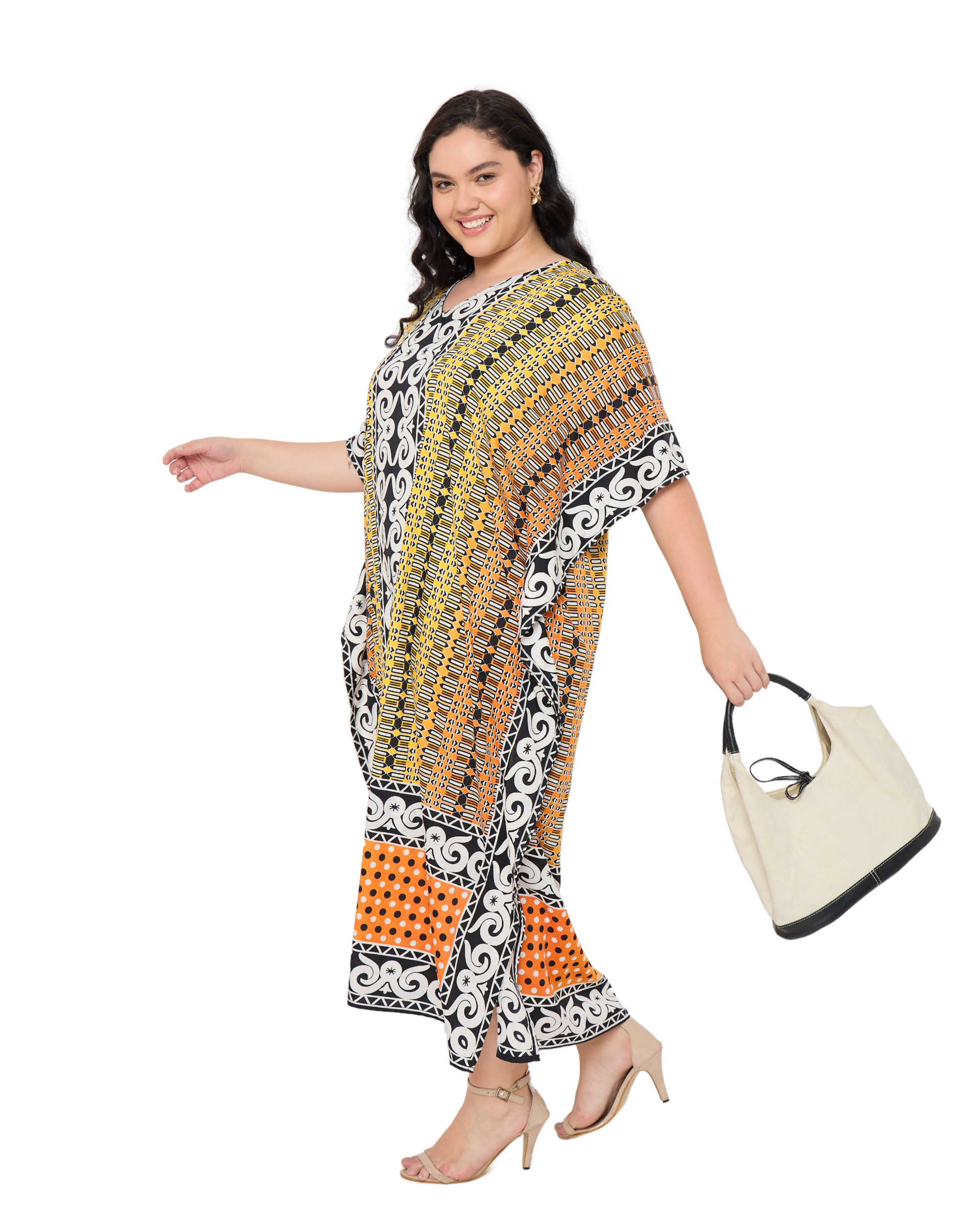 Black Polyester Tribal Plus Size V Neck Women Kaftan Dress