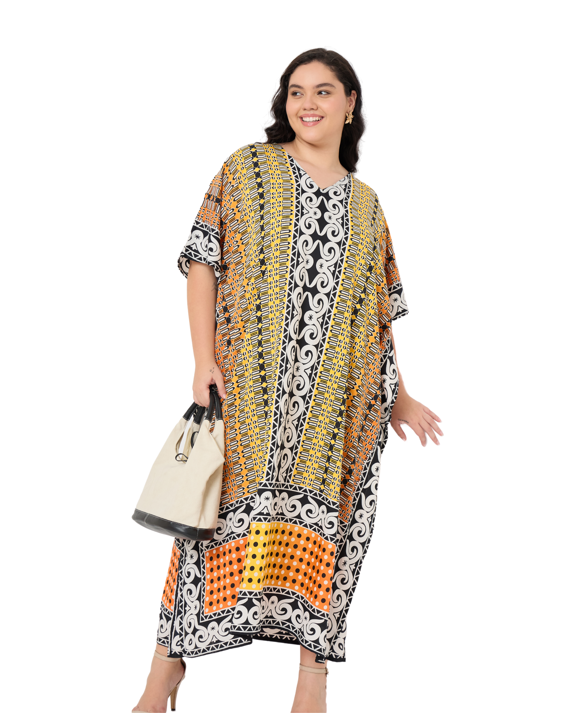 Black Polyester Tribal Plus Size V Neck Women Kaftan Dress